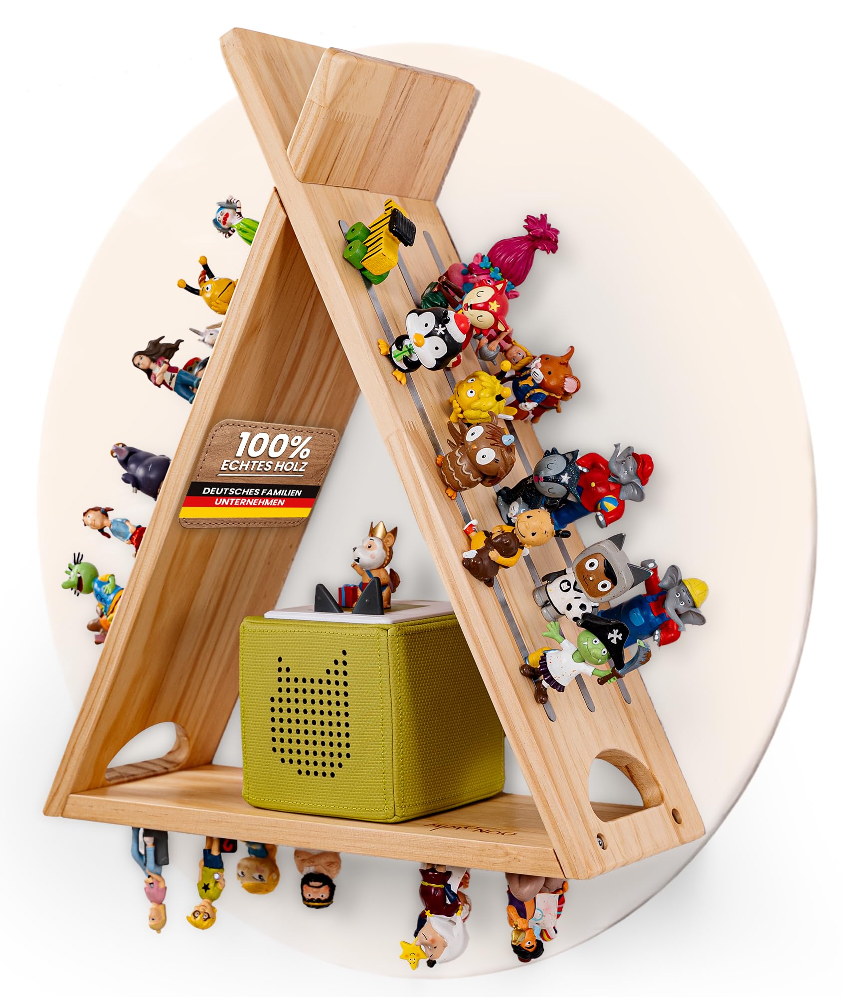 MIMONDO Magnetisches Tonie Regal stehend aus Holz für 60+ Tonies Hörfiguren I Tonieregal zum Hinstellen oder Wandmontage I Toniebox Regal für Mädchen und Junge