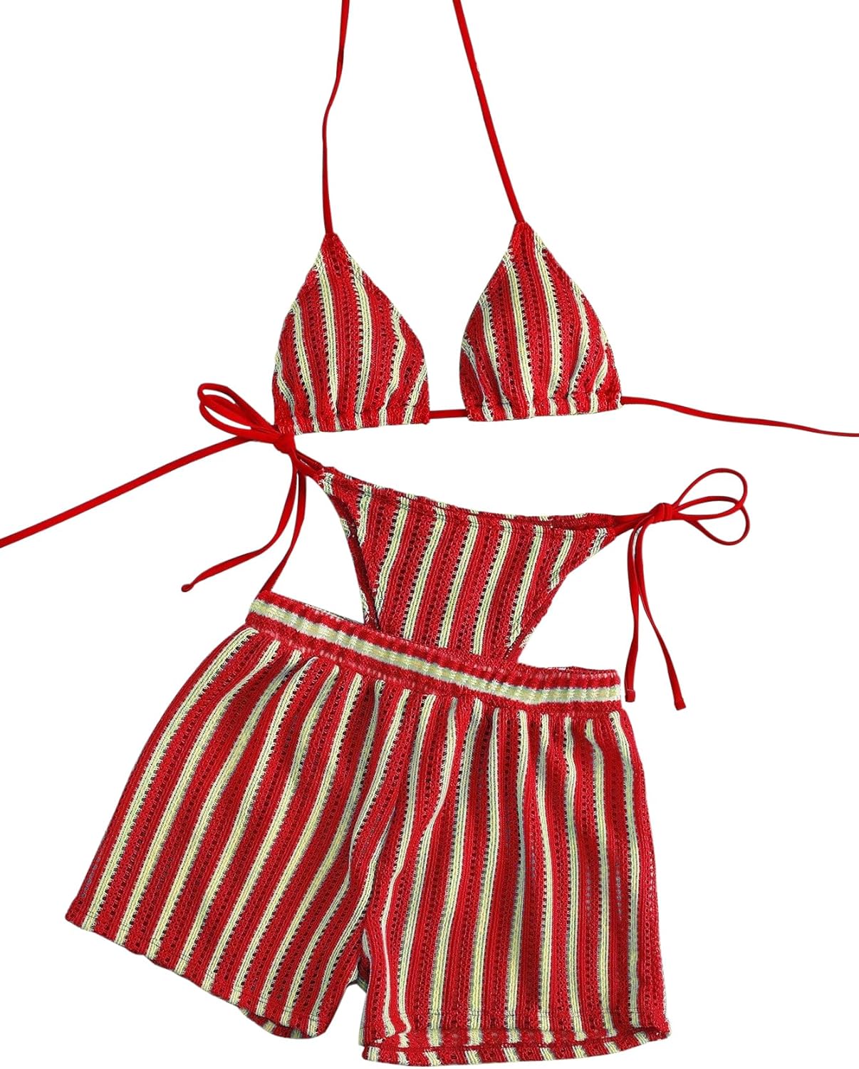 Sexy Halter String Striped Triangle Boyshorts Bikini Sets Bathing Suit 3 Piece