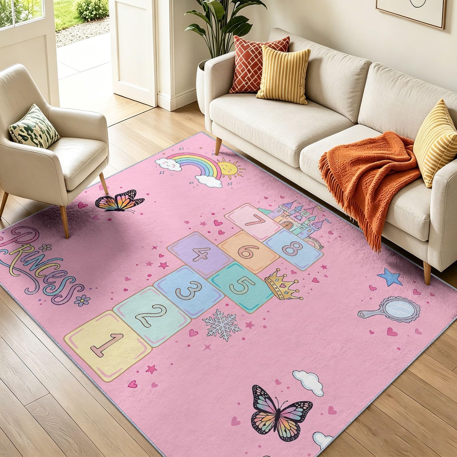Traumhafter Cartoon Teppich Rosa Waschbar rutschfest für Wohnzimmer, 140x200 cm | Hüpfkästchen-Blöcke Schmetterlinge Wolken Weicher Kurzflor Pflegeleicht Teppich für Schlafzimmer, Esszimmer, Büro