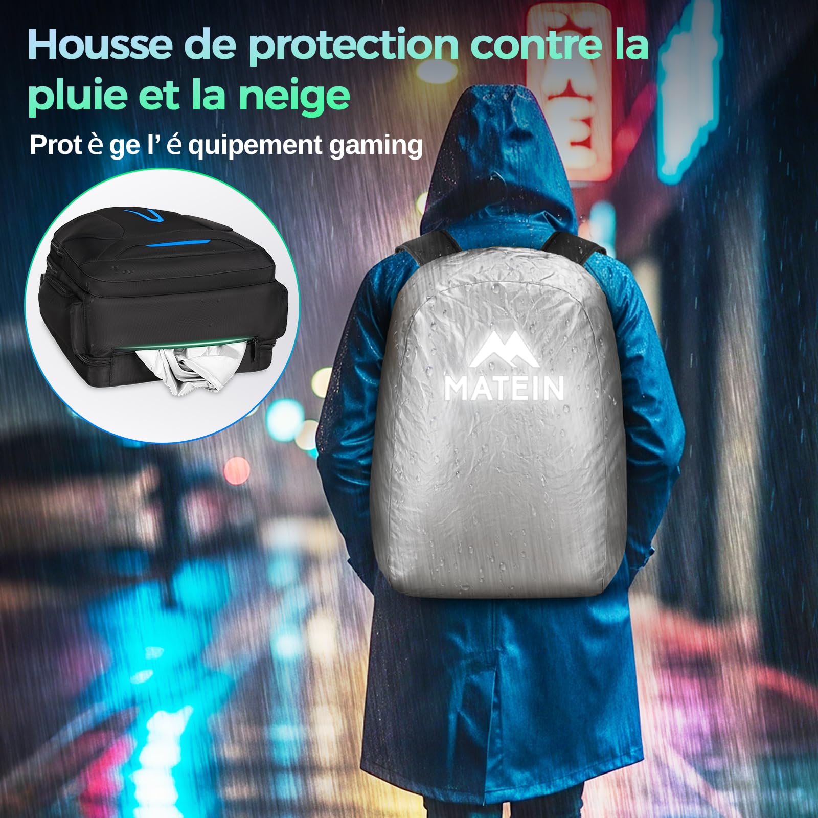 MATEIN Sac à Dos Ordinateur 18 Pouces, Sac a Dos PC Portable Gaming, Noir | Grand Sac à Dos Gaming pour Homme avec Housse de Pluie, Compartiment Isotherme, Serrure à combinaison, Idée Cadeau pour Gamer