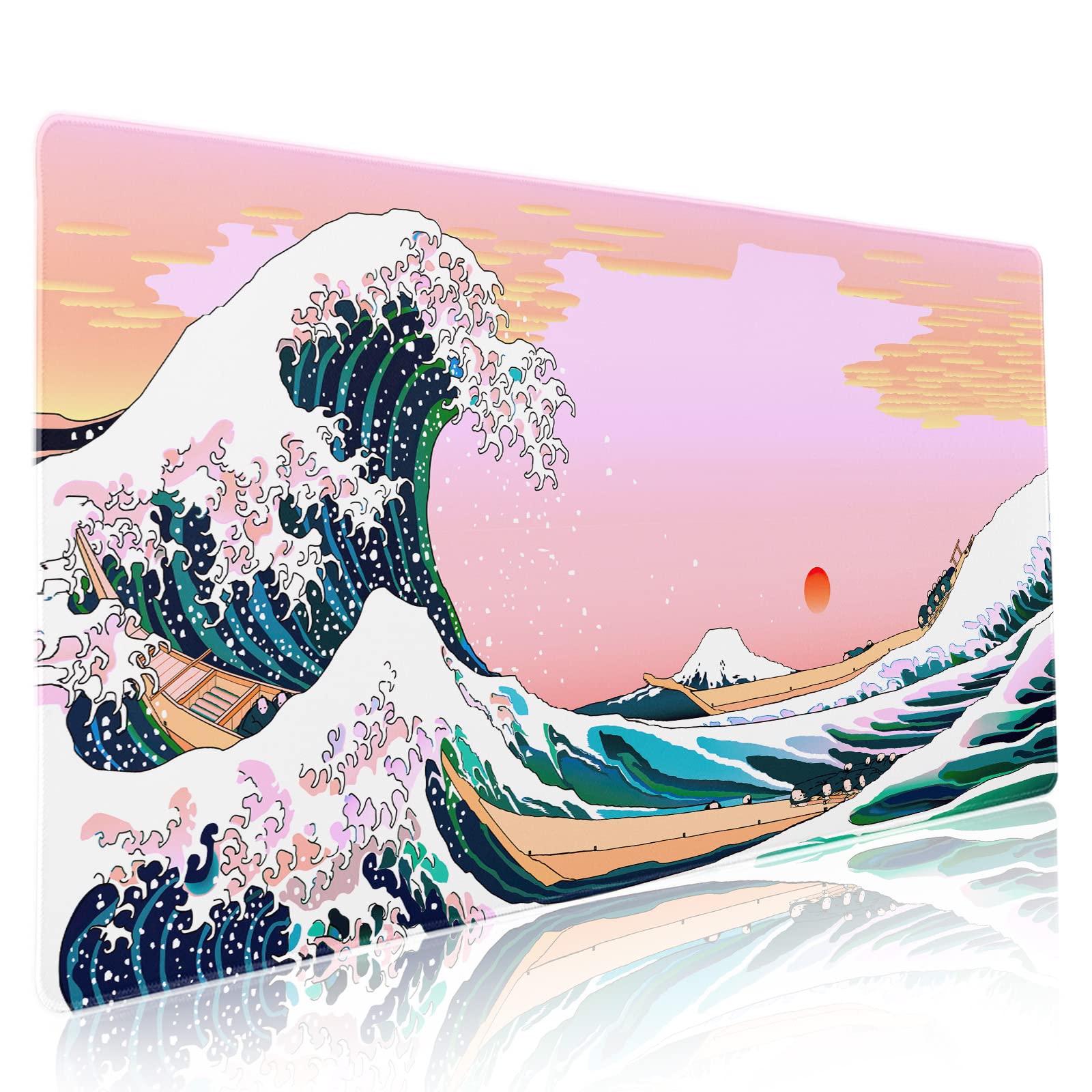 Cute Pink Mouse Pad Japanese Wave Kawaii Aesthetic Extended Desk Mat 90X40 CM Non-Slip Rubber Base Stitched Edge Large XXL Playmat for Keyboard Gaming