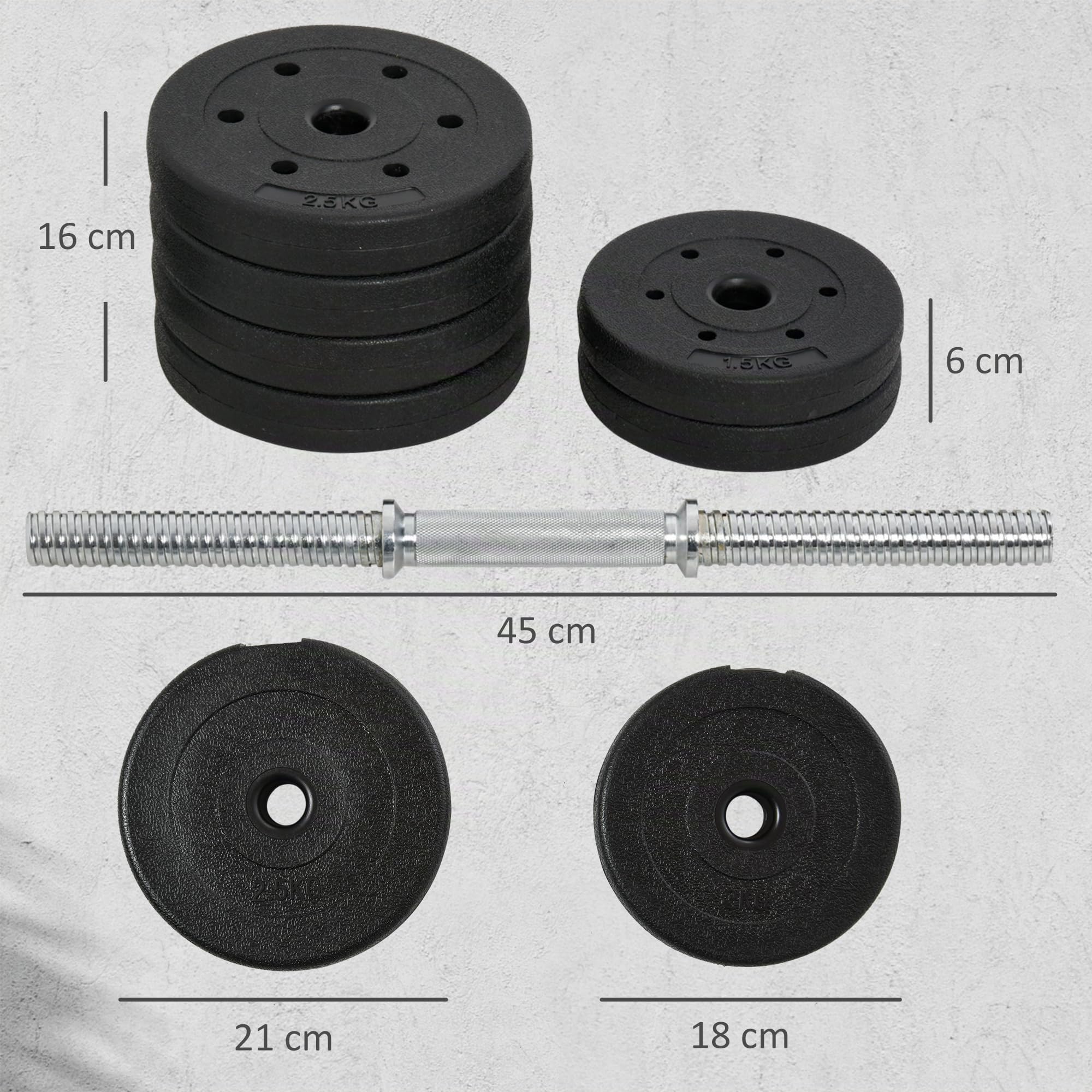 HOMCOM Conjunto de Mancuernas Ajustables 20kg a 30 kg Juego de Pesas con Discos de 2,5kg a 1,5kg y Barras de Conexión de 2 kg Kit de Entrenamiento para Gimnasio en Casa