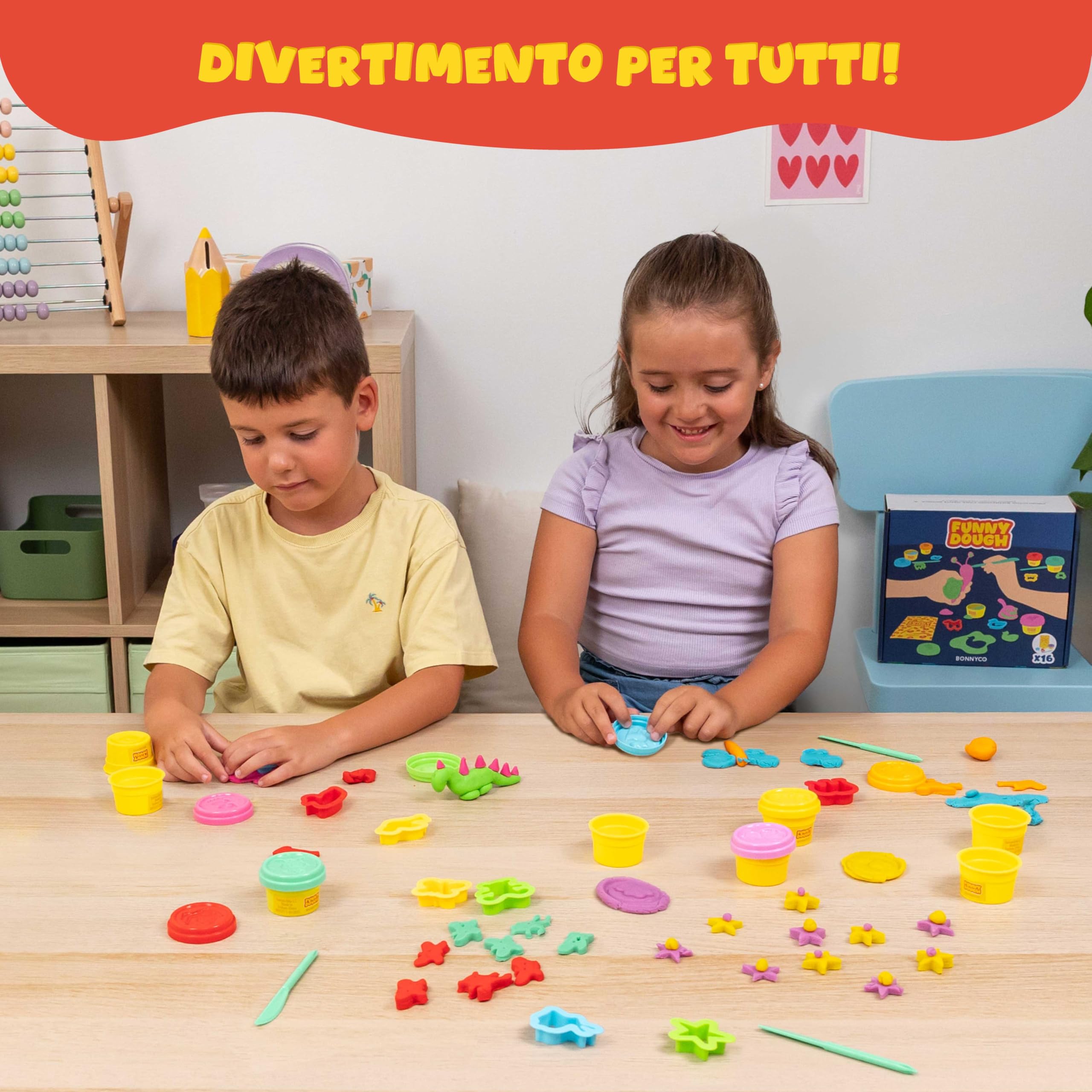 BONNYCO Set Plastilina per Bambini con Stampini e Sacchettini Regalo, Pack 16 Regalini Fine Festa Compleanno 3-9 Anni. Gadget Compleanno Bambini, Giochi Creativi da Pasta Modellabile