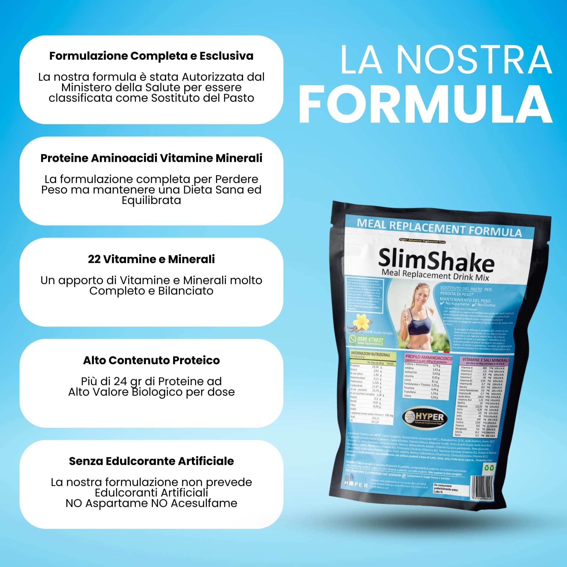 Hyper Slim Shake - Sostituto Pasto Dimagrante gr 1000 Gusto Vaniglia - Pasto Sostitutivo Dimagrante per Frullati e Shakes Proteici Ideale per Perdita e Controllo del Peso Forma. Made in Italy