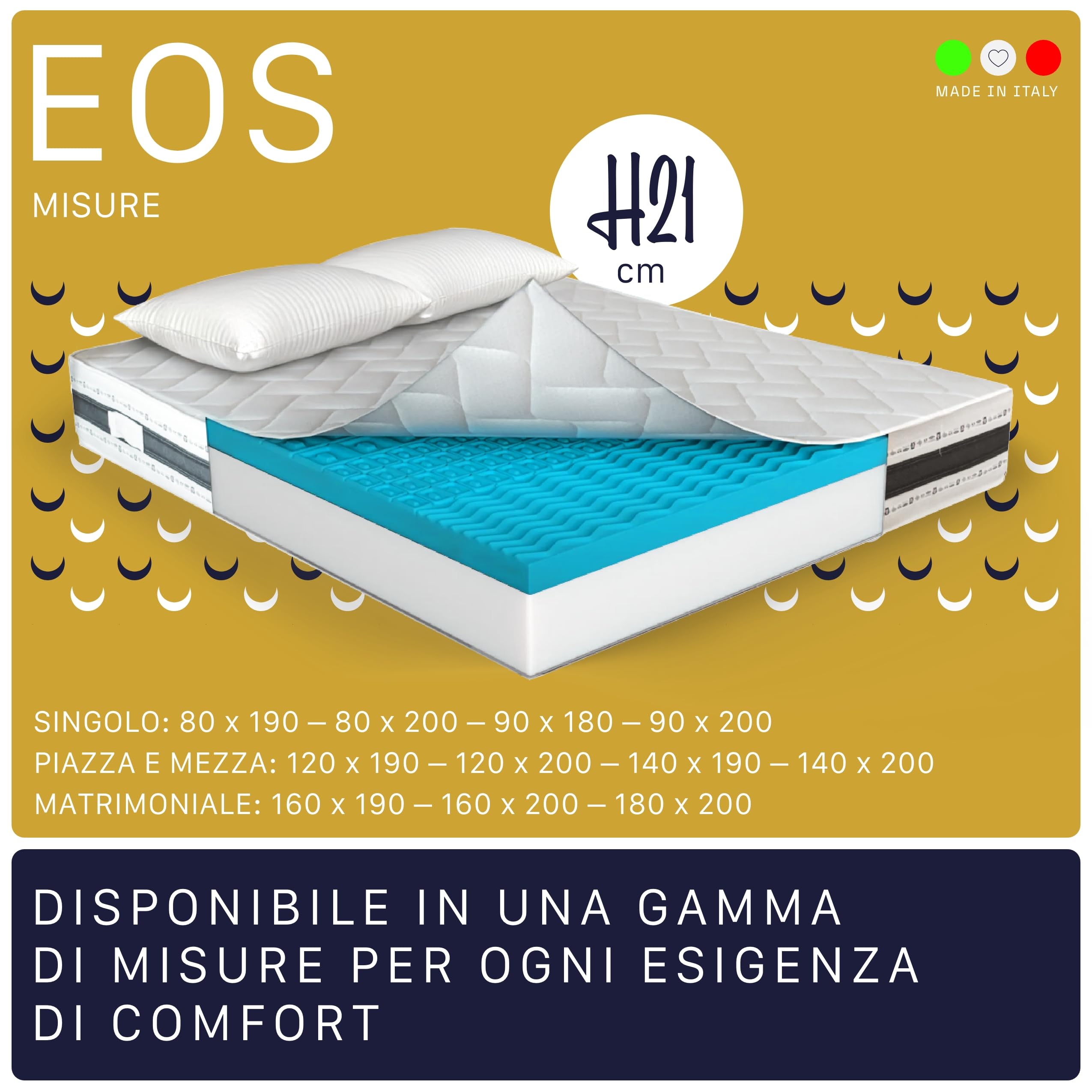 MUUN Eos - Colchón de una plaza y media de 120 x 190 cm de espuma viscoelástica con 2 almohadas incluidas, altura de 21 cm, ortopédico, antiácaros, hipoalergénico | Colchón de 120 x 190 cm envasado al