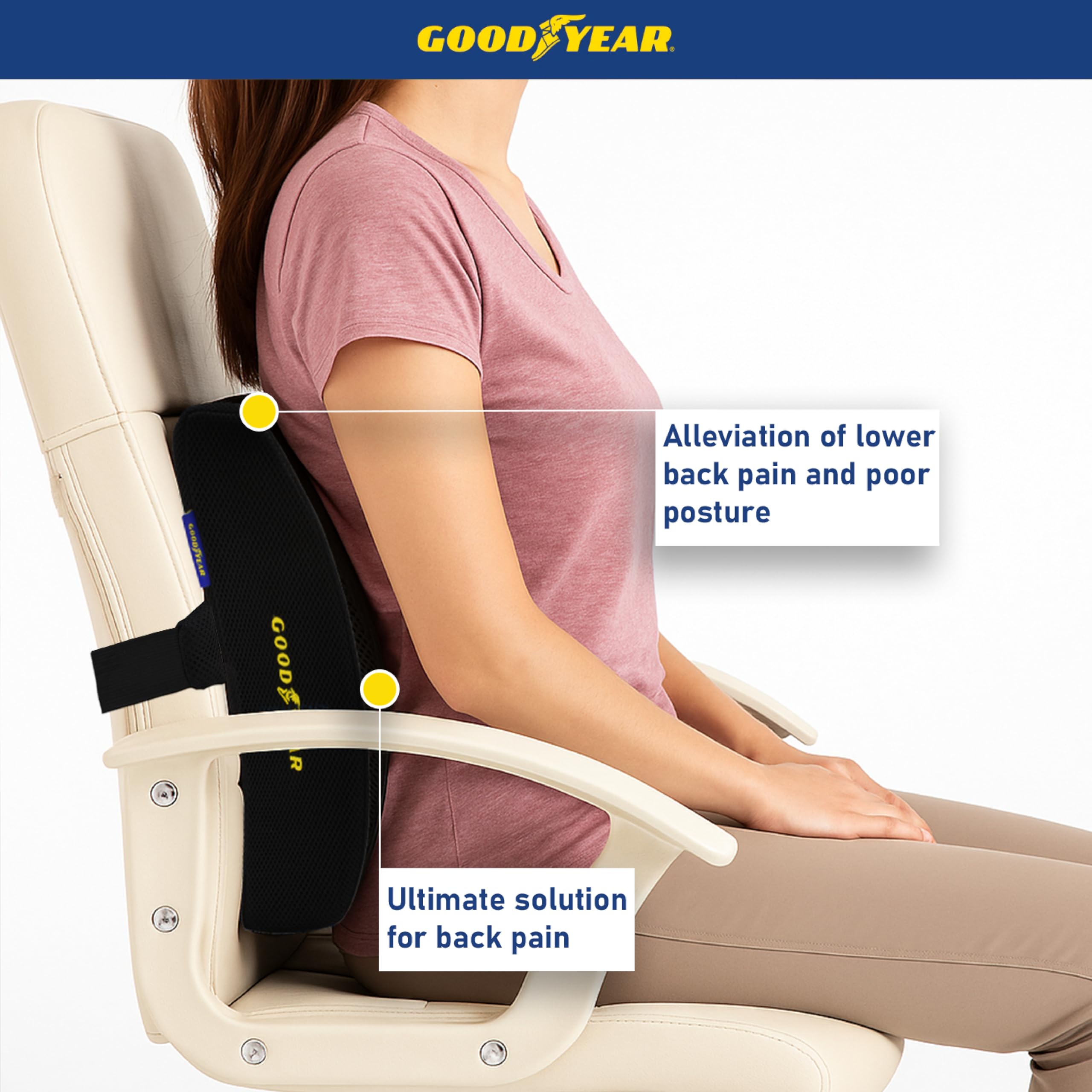 Goodyear GY1217 Coussin Lombaire rafraîchissant en Mousse à mémoire de Forme de qualité supérieure pour soulager Les douleurs dans Le Bas du Dos Sangle réglable pour différentes Tailles de siège