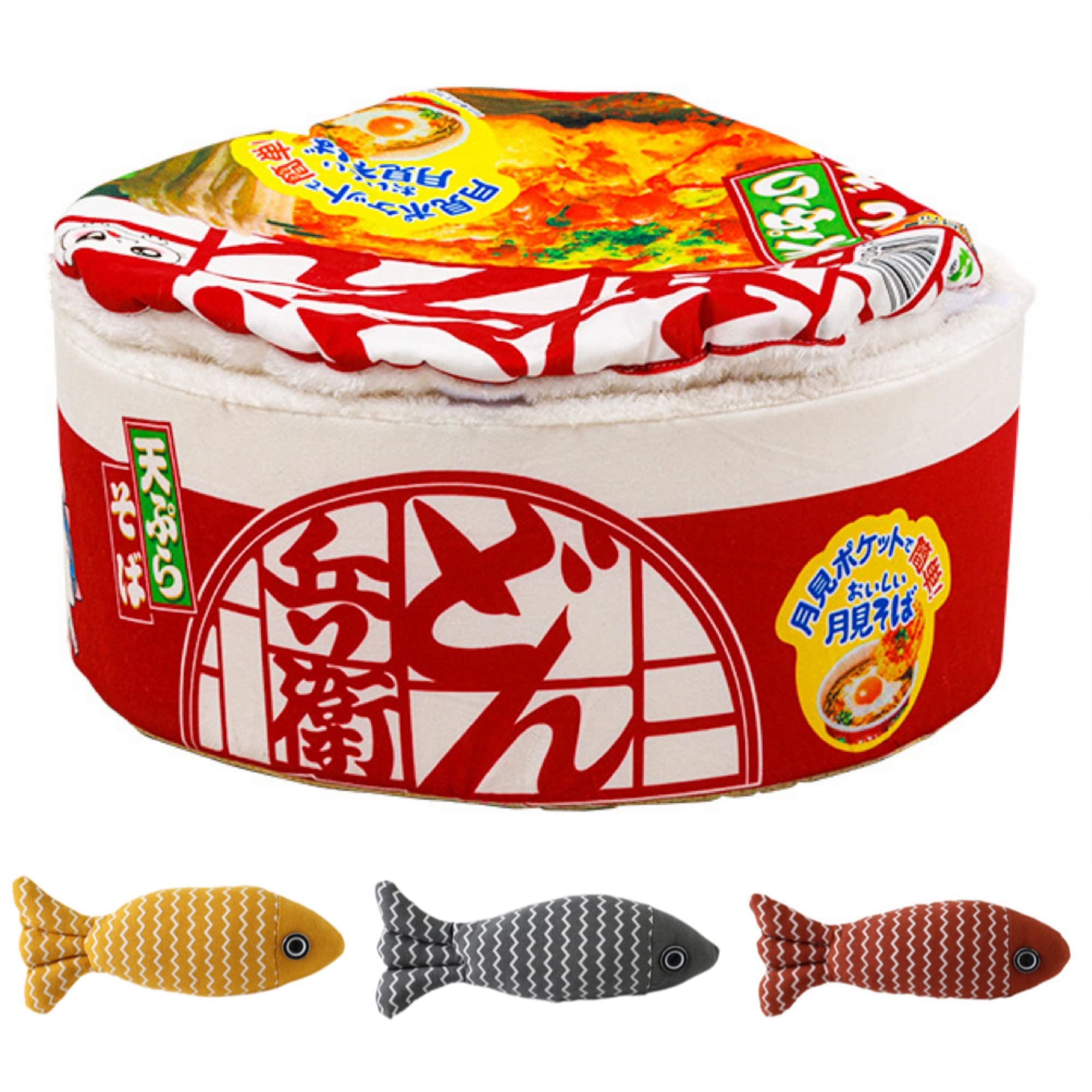 Ramen Cat Bed Cute Funny Cat Houses Warm Indoor Creative Pet Nest Covered Dog Bed (Large, Red)