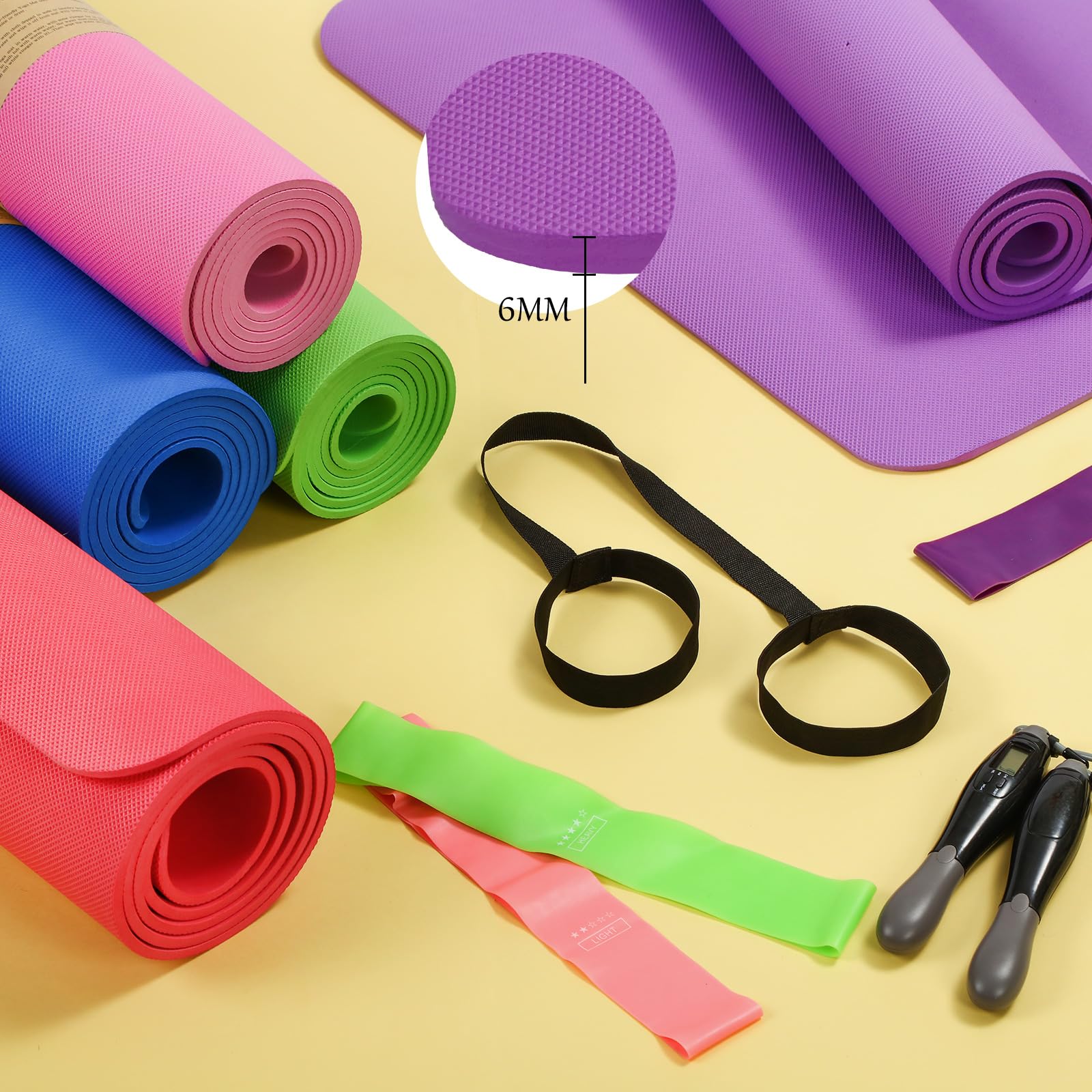 Hoolerry 36-teiliges dickes Yogamatten-Set enthält 12 Stück 68 x 24 x 6 mm dicke Übungsmatte, 12 Widerstandsbänder, 12 Tragegurte, Yogamatten in Großpackung für Fitnessstudio, Workout