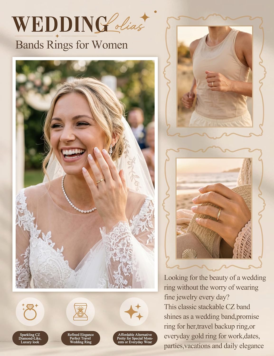 LOLIAS 14K Gold Plated Rings for Women Non Tarnish - Dainty Cubic Zirconia Wedding Bands Eternity Love Engagement Promise Rings - Stackable Minimalist Trendy Statement Thumb Rings Size 6-10