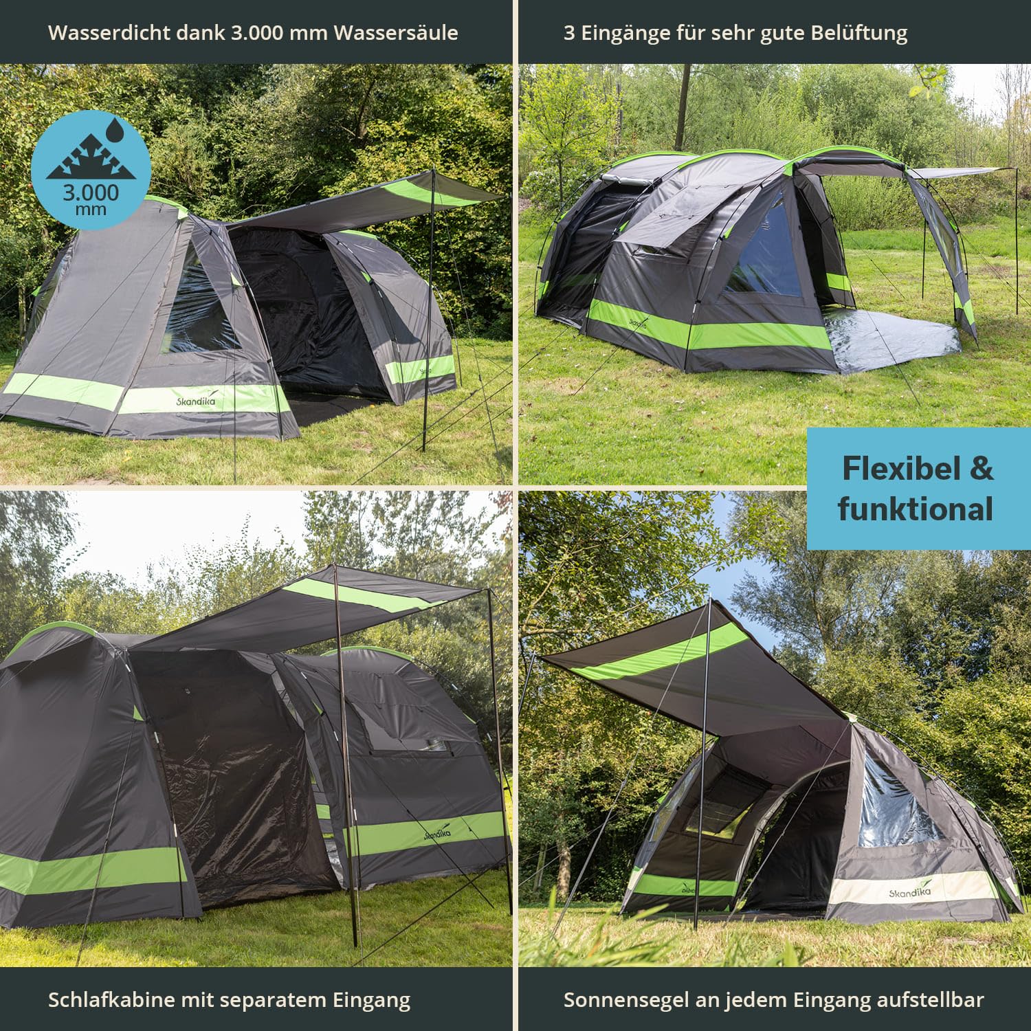 Skandika Kambo Tunnelzelt für 6 Personen | XL Familienzelt für Camping, 2 m Stehhöhe, Dunkle Schlafkabine, wasserdicht, 3000 mm Wassersäule, Sonnendach | großes Campingzelt, Festival Zelt für 6 Mann
