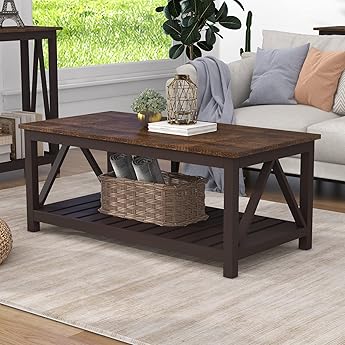 GOOBED Farmhouse Sqare Coffee Tables for Living Room with Storage, Grey Wash Coffee Table 2 Tier Spaciou Storage Shelf, Modern Center Table Small Coffee Tables, Grey Wash