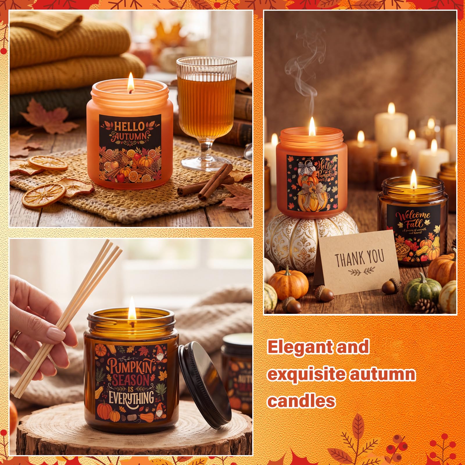 MTLEE Set di 6 candele profumate per la decorazione della casa, cera di soia autunnale, regalo per donne e uomini, profumo autunnale di torta di mele, zucca, vaniglia, cannella, mandarino, zucca erba
