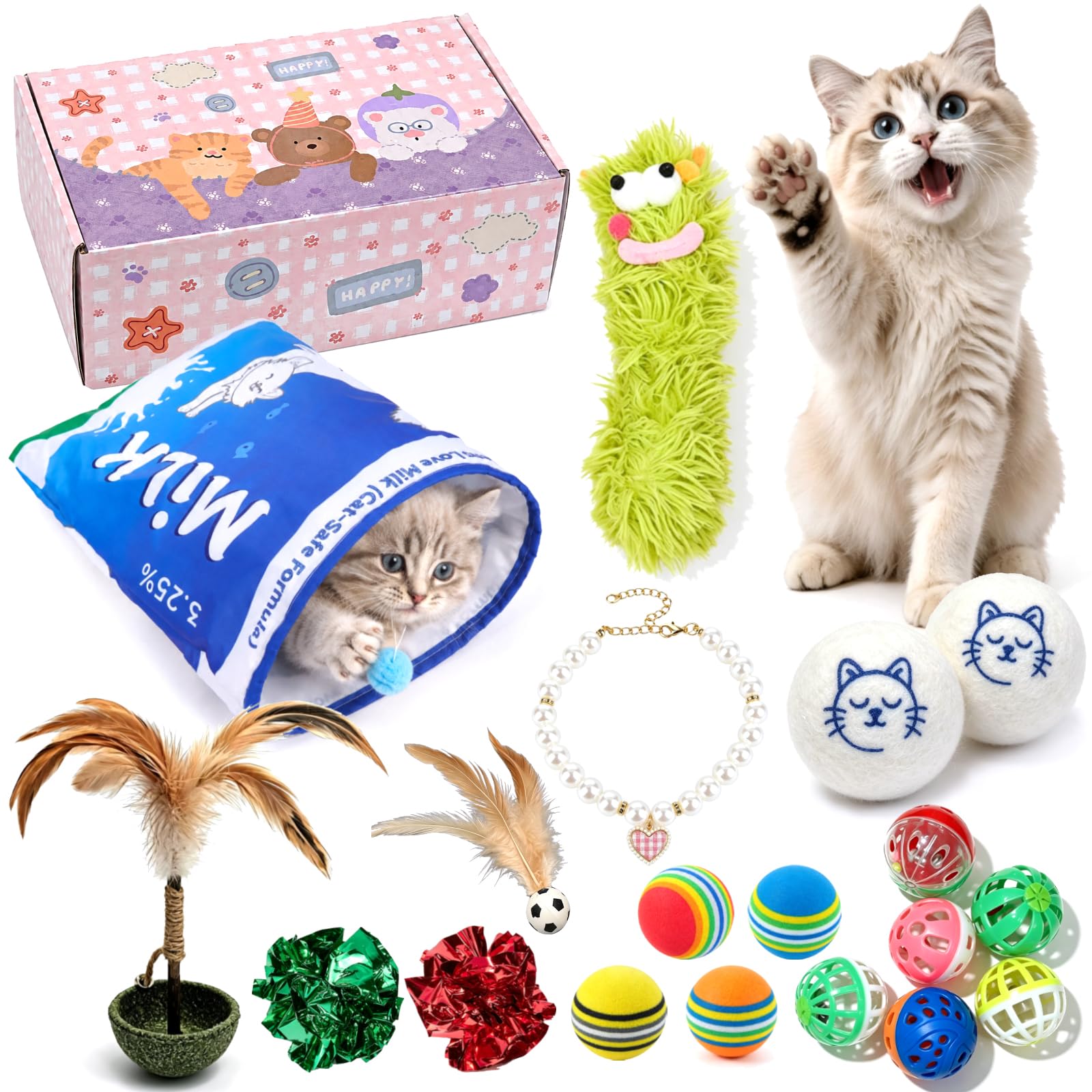 Katzenspielzeug Set für Katzen, Rascheltunnel Katzenangel Bälle