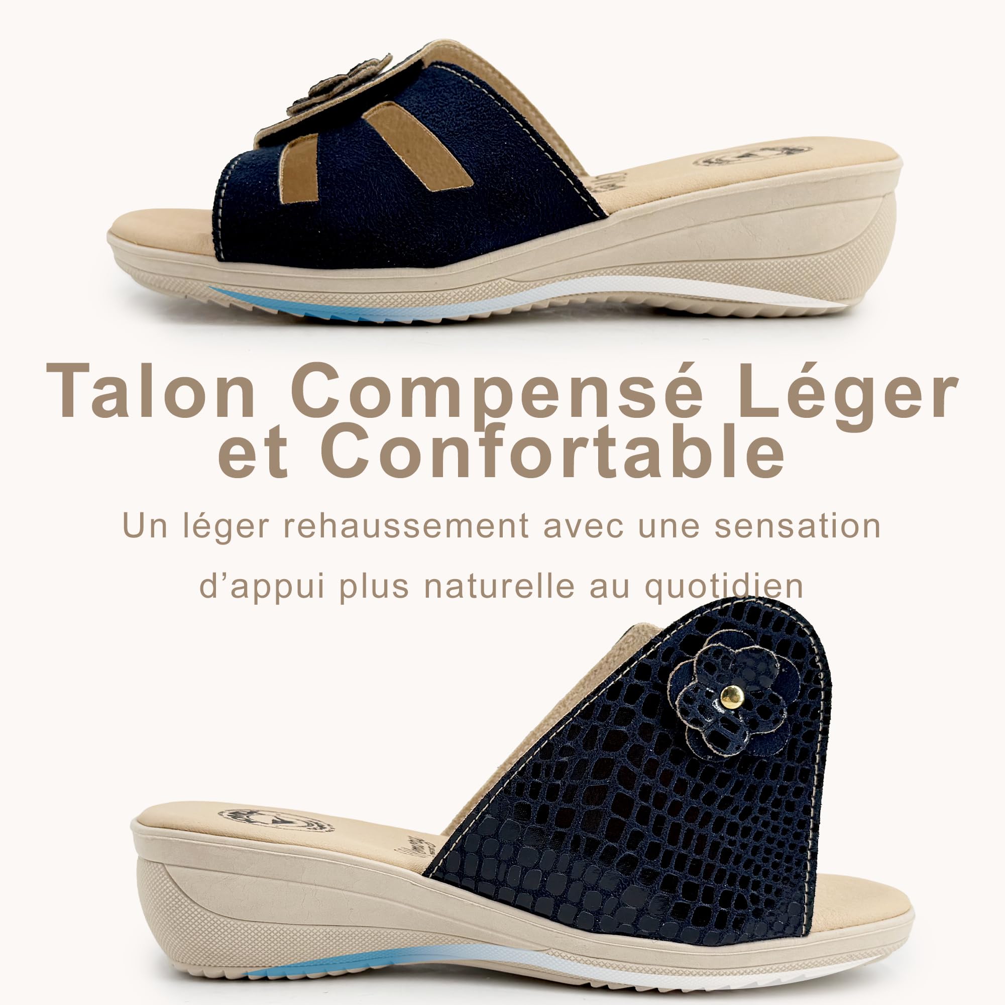 JOMIX Chaussons Femme Été avec Scratch Mules Compensées 4,8 cm Pantoufles Maison Confort Semelle Mémoire de Forme Antidérapantes Bout Ouvert Élégantes avec Fleur Made in Italy