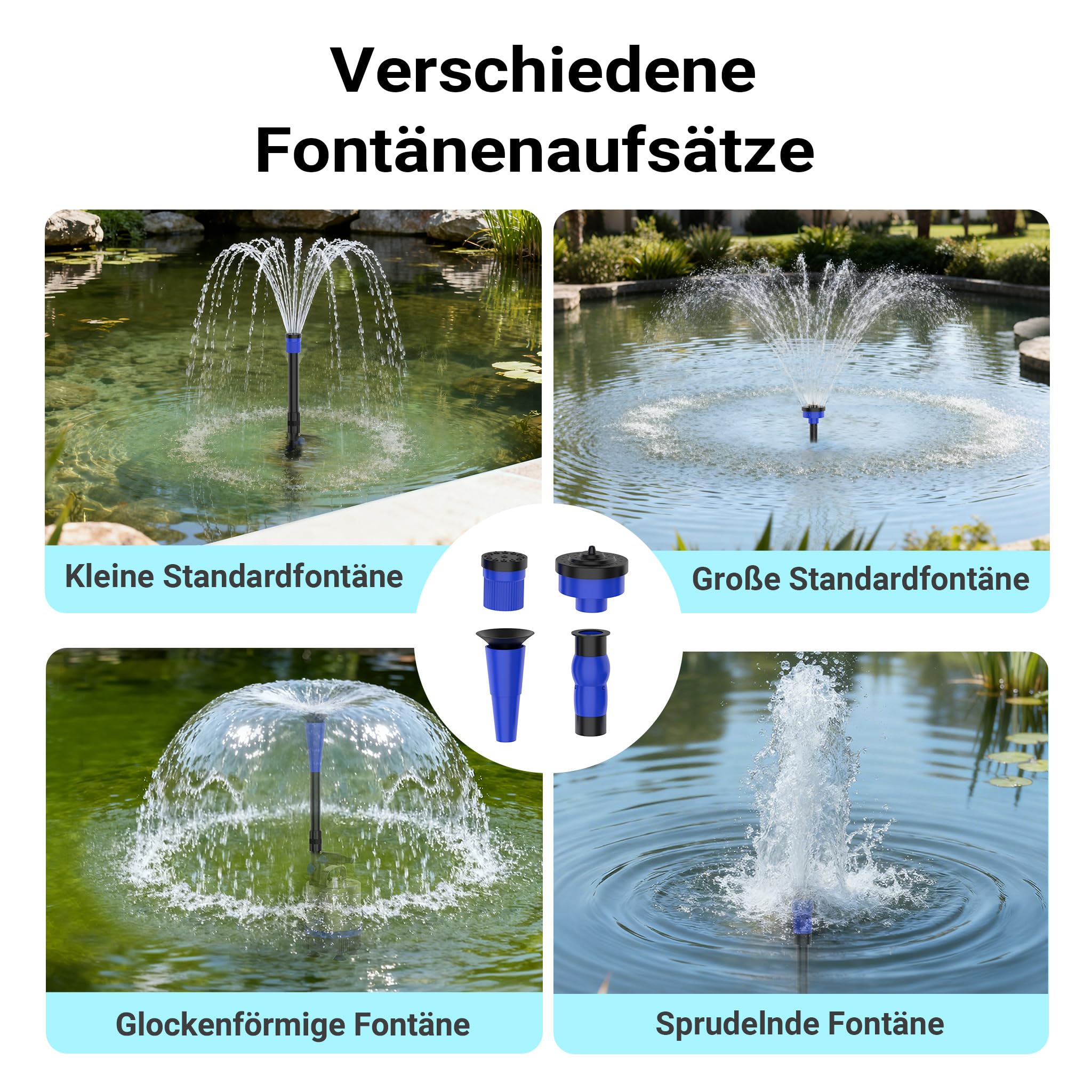Wiltec Edelstahl Springbrunnenpumpe 50 W 1750 l/h, max. Fontänenhöhe 1,6 m, Teichpumpe inkl. 3 Aufsätze für verschiedene Fontänen, Aquariumpumpe