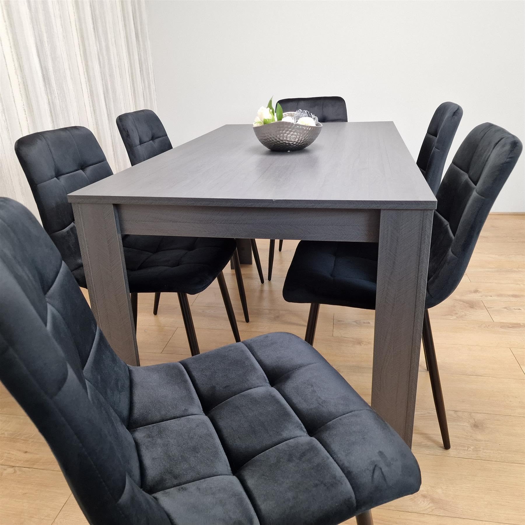 KOSY KOALA Dining Table and 6 Chairs Black Dark Grey 6 Black Velvet Chairs Wood Dining Set ...