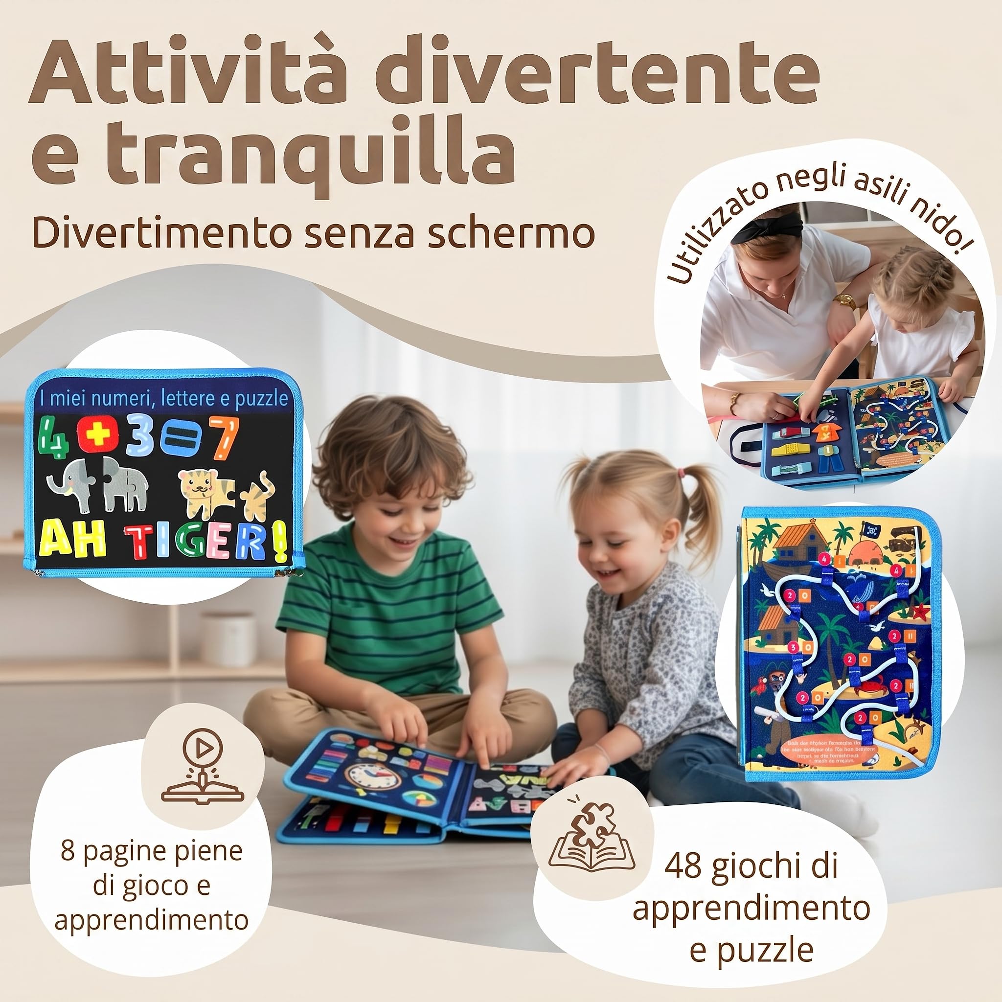 Mallie® Montessori Busy Board in Italiano per 1 2 3 Anni con Gioco di Ruolo e Marionette – Busy Board Montessori 1 Anno, Busy Book, Libro Montessori Interattivo 1 Anno, Libro Interattivo 2 Anni