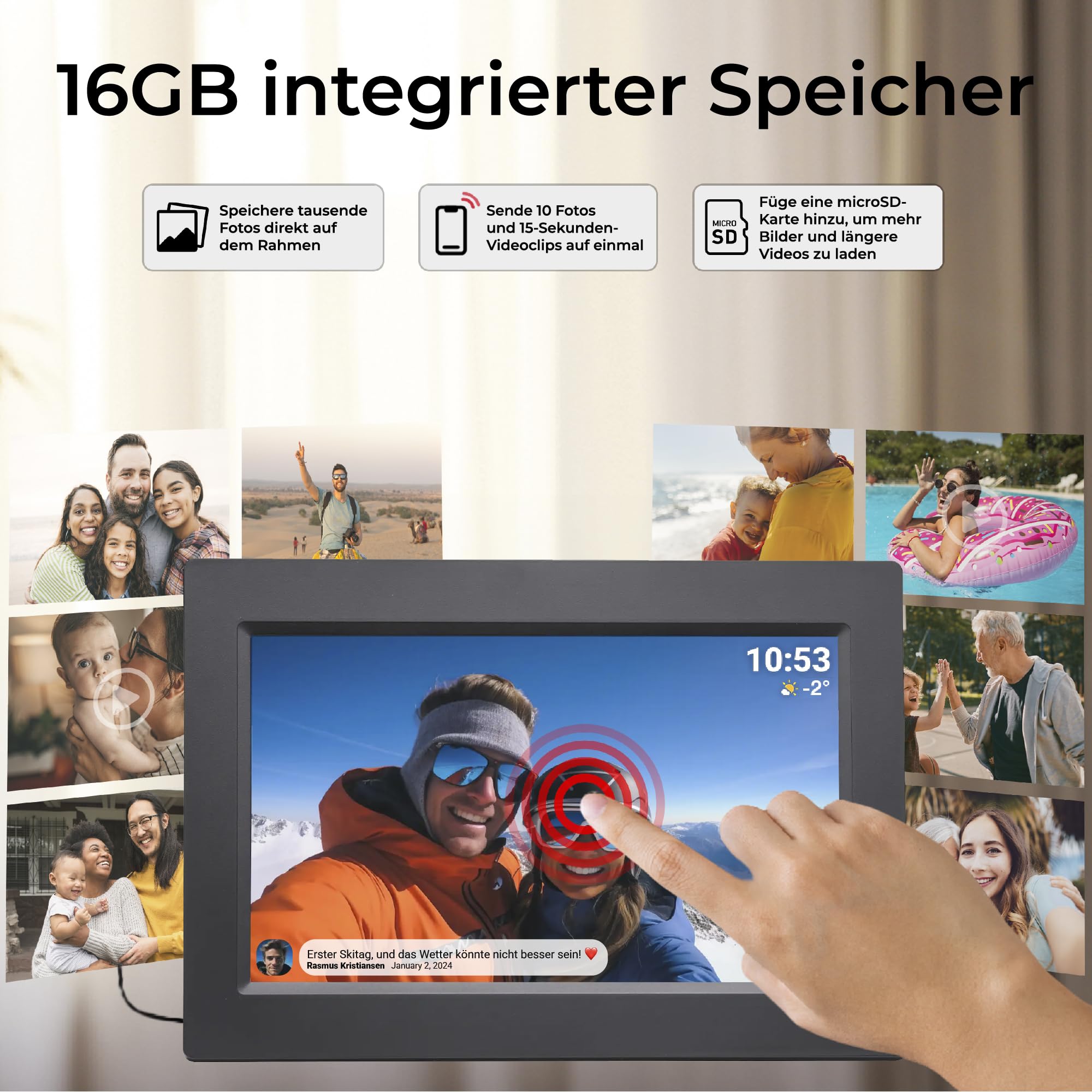 Denver Digitaler Bilderrahmen 10,1 Zoll mit WLAN – Frameo Digital Photo Frame mit Touchscreen & 16 GB Speicher – Elektrischer Fotorahmen mit App‑Steuerung - USB & microSD - Schwarz