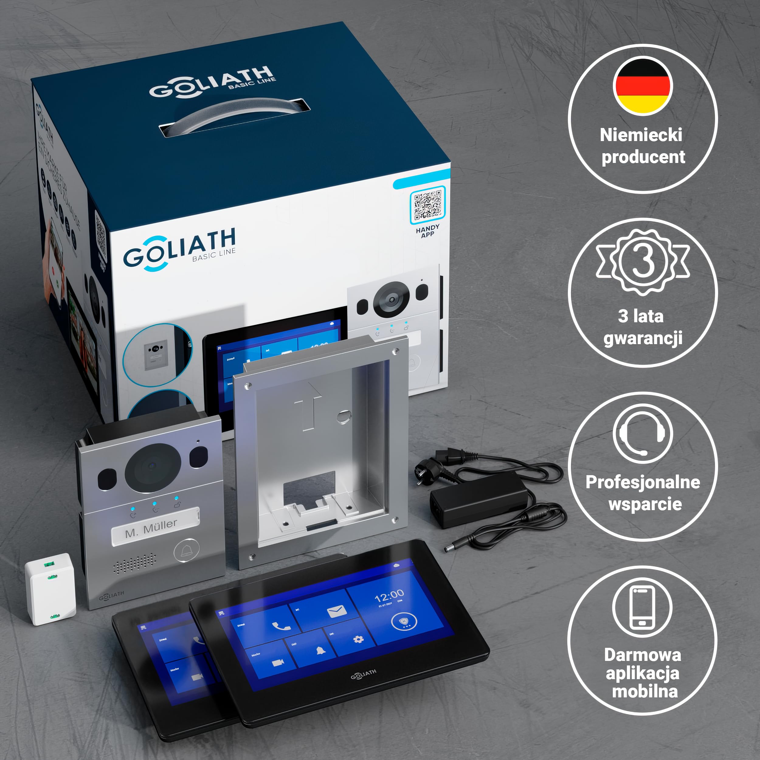 GOLIATH Basic Line wideodomofon do drzwi, 2 przewody, monitor 2 x 7, podtynkowy dzwonek do drzwi z kamerą, domofon z otwieraczem do drzwi i dzwonkiem, 1 dom rodzinny, Plug & Play, aplikacja na