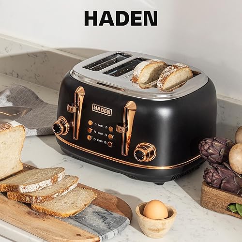 Miniatura 6 de HADEN Heritage - Tostadora de 4 rebanadas con ranuras extra anchas, 1500 vatios, negro y cobre, diseño retro de acero inoxidable con función de