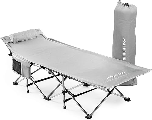 Alpcour Catre de campamento extra grande, cama compacta XL con almohada para adultos y niños, marco de acero plegable portátil y poliéster cómodo y