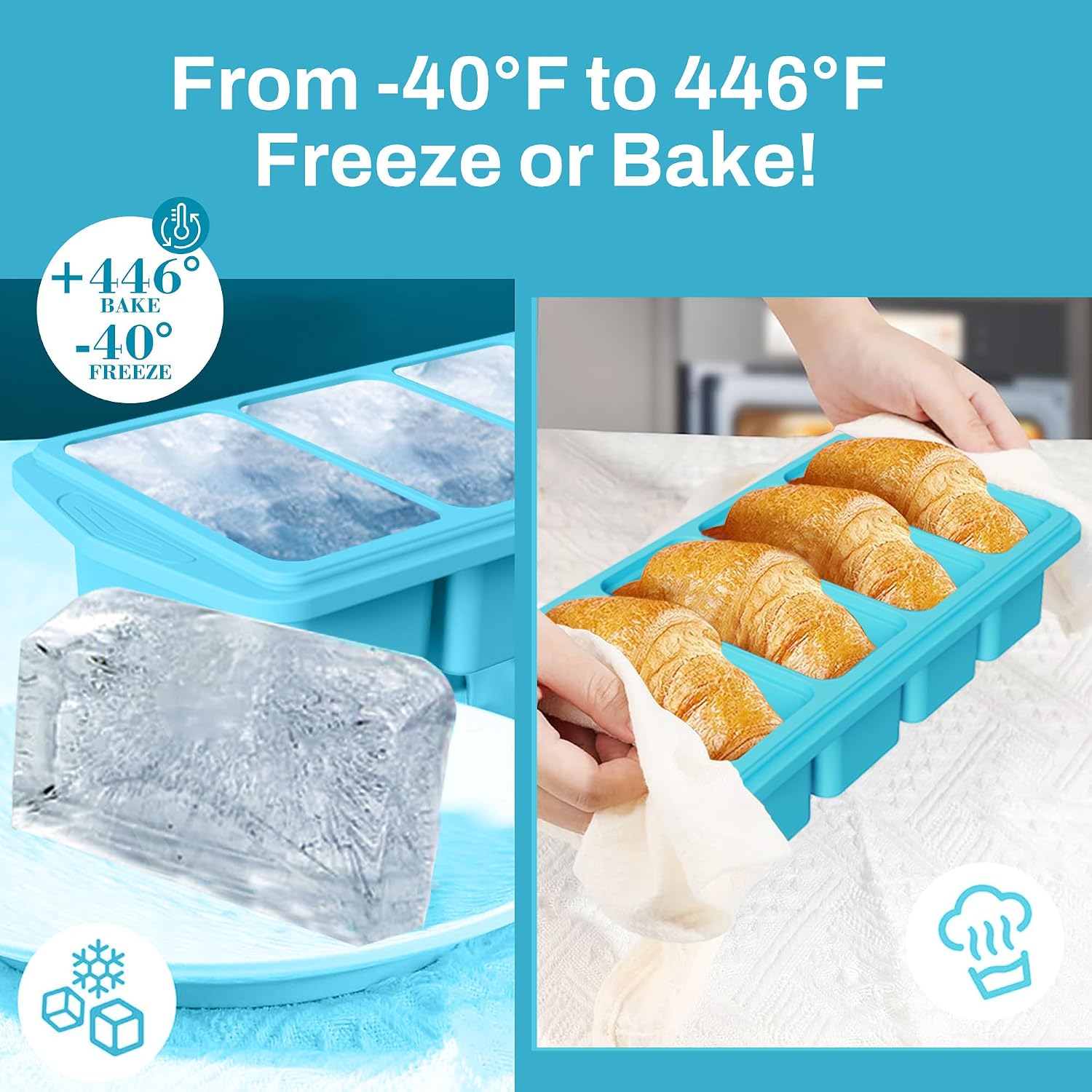 QUELIEN Serenity Blue Silicone Freezer Tray with Lid – Dual 1/2 Cup and 1 Cup Portion Cube Mold for Soup, Sauce, and Baby Food – Stackable BPA-Free Silicone Meal Prep Container image 5