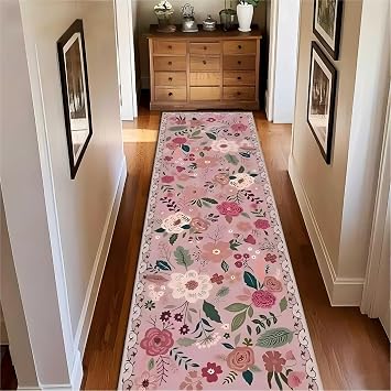 Floral Hallway Runner Rug,60x180cm, Cute Tropical Plant Girl Bedroom Pink Runner Floor Mat, Non-Slip Non-Linting Easy to Clean Kitchen Hallway Carpet for Living Room Bedroom Office Doorway