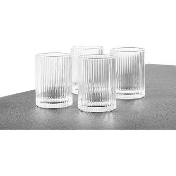 Hansek che Set of 4 Ribbed Glasses - Tall Long Drink Glasses Dishwasher Safe - Drinking Glasses Cocktail Glasses Glasses Glass Water Juice Iced Coffee 250 ml