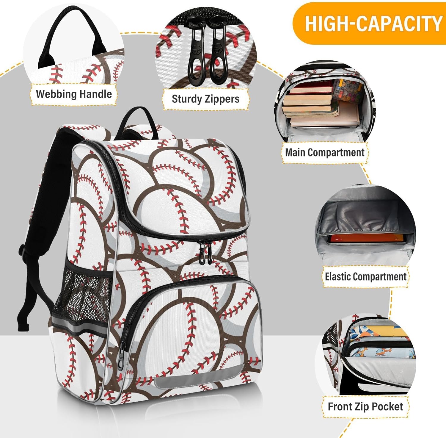 ZAZYXTJ Baseball School Kids Backpack with Reflective Strip for Girls and Boys 6-12 Elementary Student Bookbag Middle School Bags - Image 4