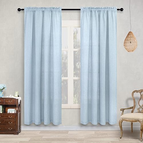 Cortinas de lino azul claro de 63 pulgadas de largo para dormitorio de niños pequeños, adolescentes y niñas, juego de 2 paneles de decoración