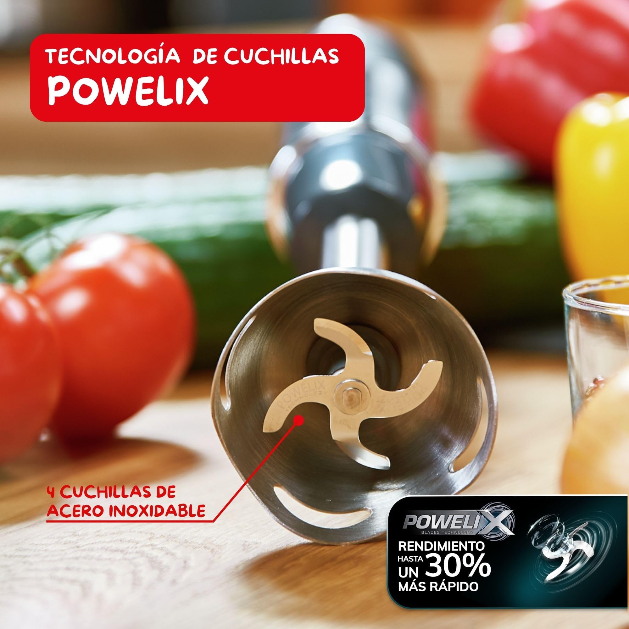 Moulinex Quickchef, Batidora de mano 1000 W con 4 accesorios, 10 velocidades, accesorio pasapuré, picadora, varillas, vaso medidor y pie metálico, cuchillas de acero robustas DD65H810