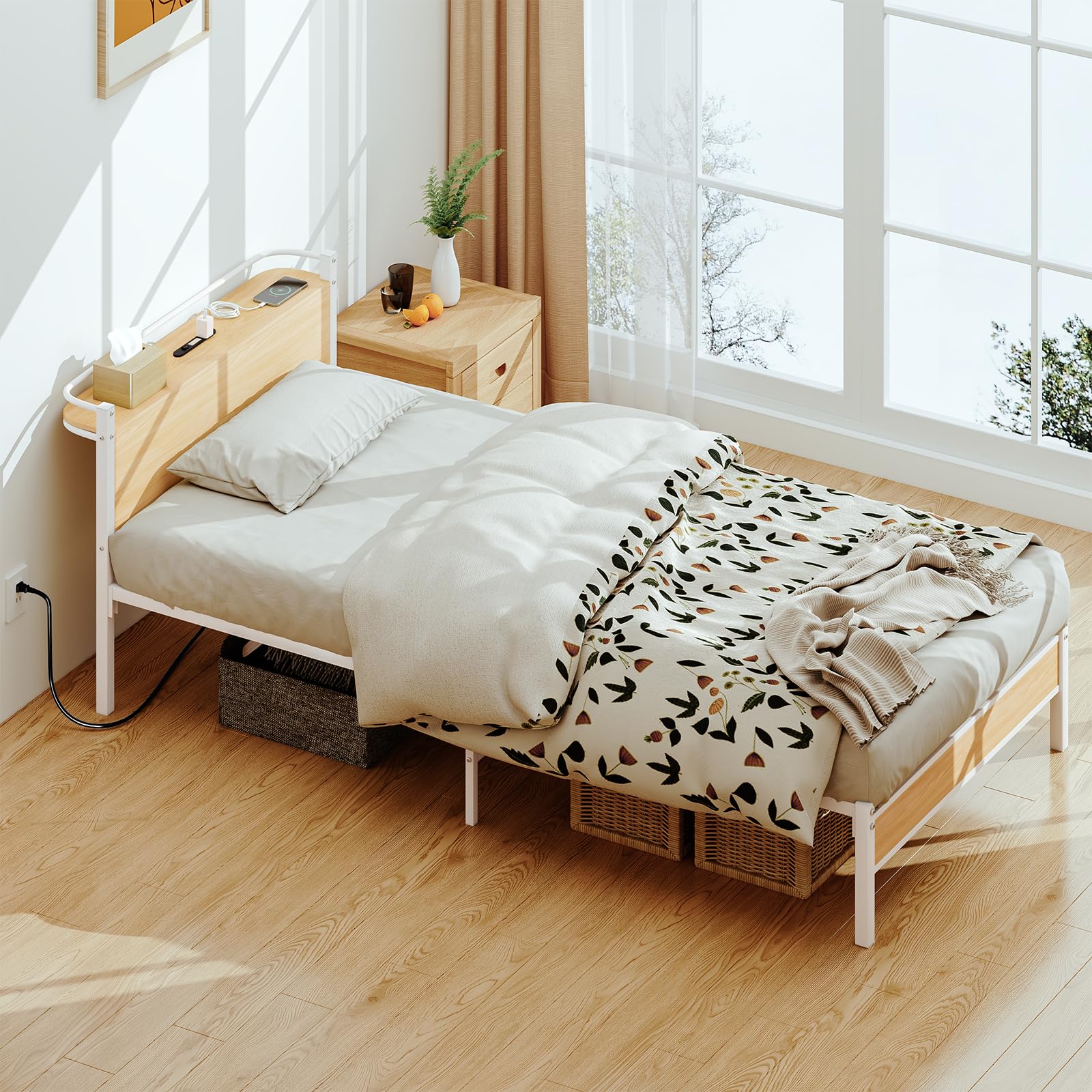 LunarLight スチールパイプベッド ベッドフレーム 幅97.5奥行き217.5高さ69.5cm すのこ 静音 シングル bed frame コンセント付き LEDライト付き 宮棚付 通気性 耐久性 耐荷重400kg ベッド下収納 頑丈 組立簡単 シンプル おしゃれ ヘッドボード付き (ナチュラル ヘッドボード付き)