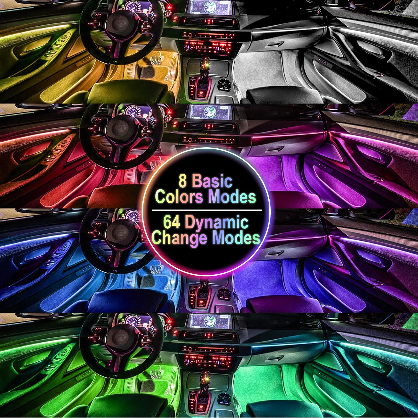 Car Interior Lights, 5V LED Strip Lights with USB Adapter, Ambient Car Lighting Kit, App & Remote Control Music Sync Color Change Strip Lights for SUVs & Trucks, Car Accessories for Women Men