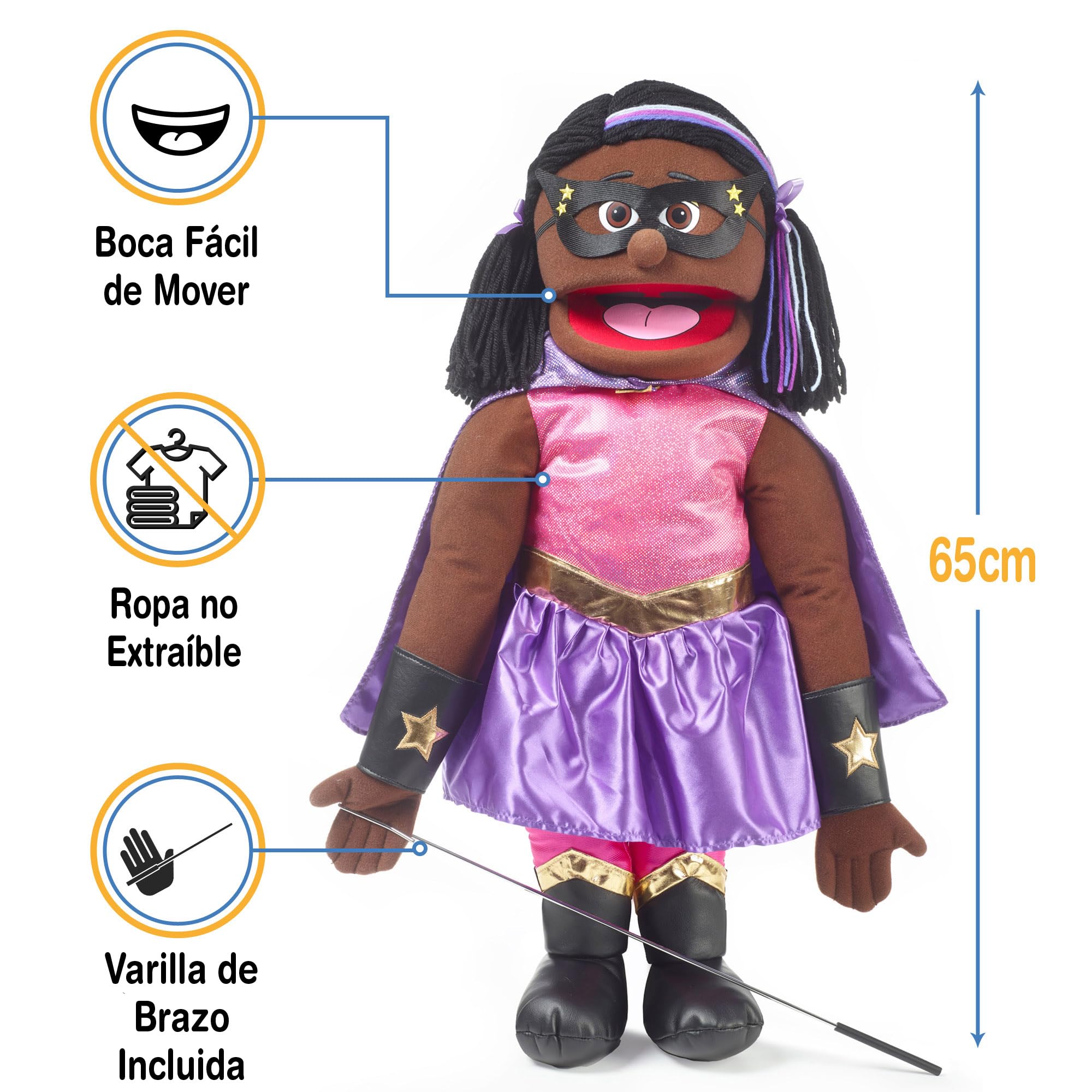 Superhéroe de 25 pulgadas, chica negra, cuerpo completo, marioneta estilo ventrílocuo