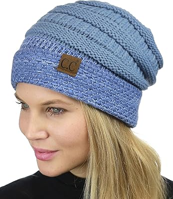 C.C Cable Knit Soft Stretch Multicolor Stitch Cuff Skully Beanie Hat, Denim