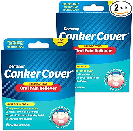 Dentemp Canker Sore Medicine 2pk Canker Cover - Oral Pain Reliever (12 Count) - Treatment to Relieve Canker Pain, Mouth Sores & Mouth Irritation - Fast Acting Canker Sore Relief Tablets for Adults