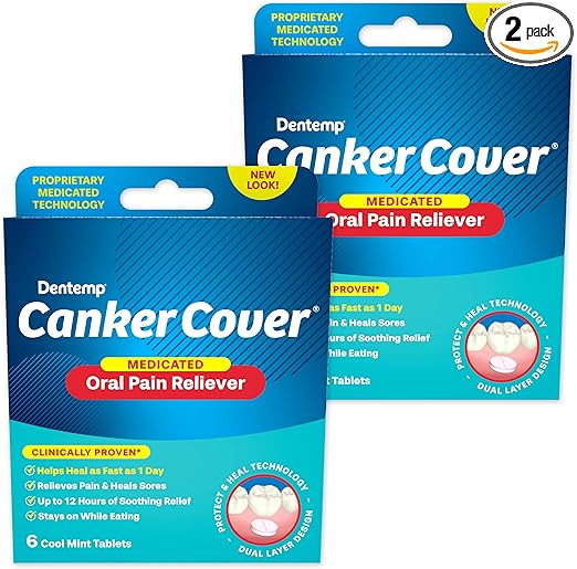 Dentemp Canker Sore Medicine 2pk Canker Cover - Oral Pain Reliever (12 Count) - Treatment to Relieve Canker Pain, Mouth Sores & Mouth Irritation - Fast Acting Canker Sore Relief Tablets for Adults