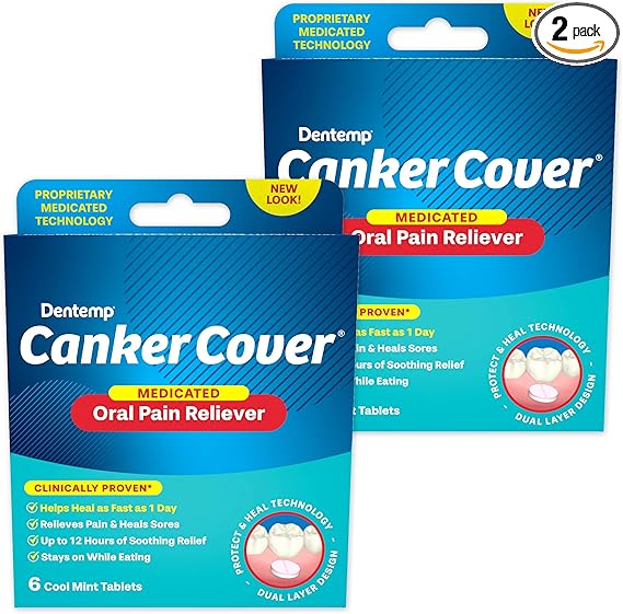 Dentemp Canker Sore Medicine 2pk Canker Cover - Oral Pain Reliever (12 Count) - Treatment to Relieve Canker Pain, Mouth Sores & Mouth Irritation - Fast Acting Canker Sore Relief Tablets for Adults