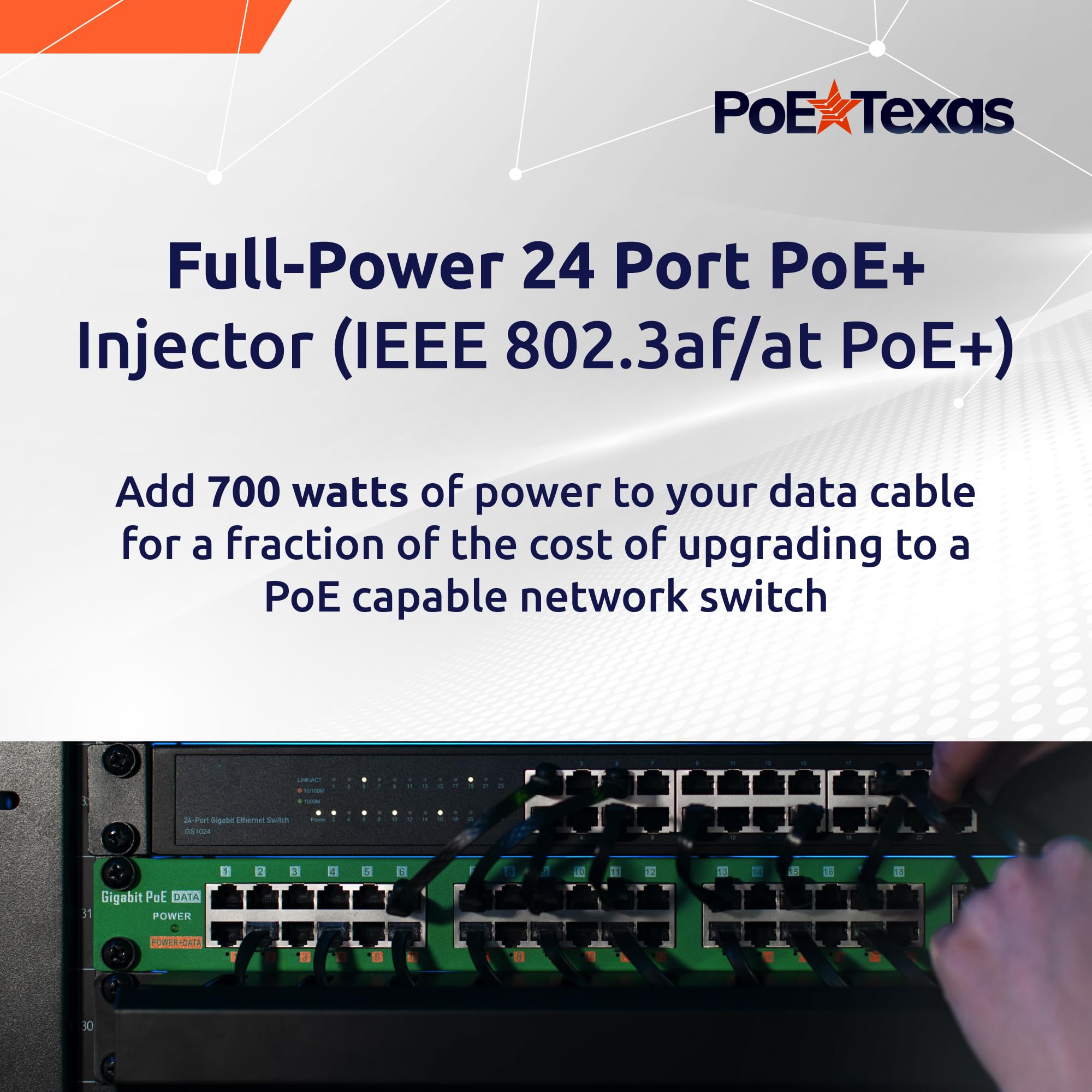 PoE Texas Injecteur PoE+ IEEE 802.3at à 24 ports - Obtenez un PoE+ complet sur chaque port - Puissance totale de 700 W - Taux de données 10/100/1000 Gigabit - Injecteur PoE+ actif pour points d'accès