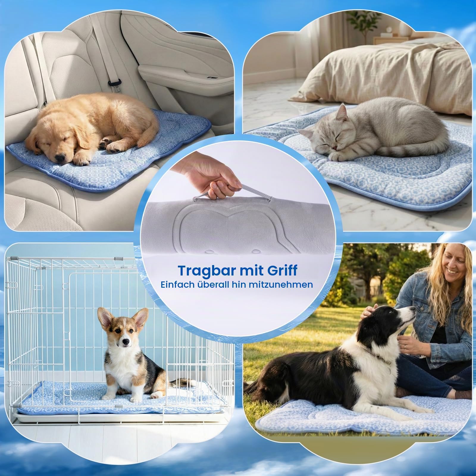 Kühlmatte für Hunde, 88x66cm Kühlmatte Hund Selbstkühlend mit PCM und Thermochromer Technologie für groß Hunde, doppelseitige, Q-Max > 0.5, Verdickt Waschbar ungiftig Kühldecke Hund - Blau