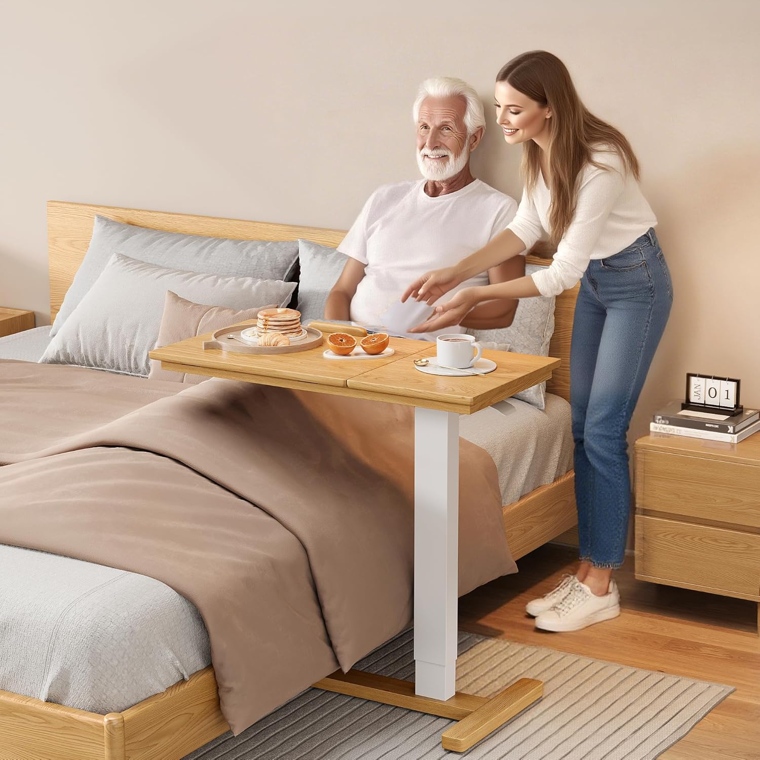 Solid Wood Overbed Bedside Table with Hidden Casters, Adjustable Hospital Bed Table Rolling Laptop Desk with Split Dual Desktop & Pneumatic Gas Spring Lift for Hospital, Home Use (Natural)