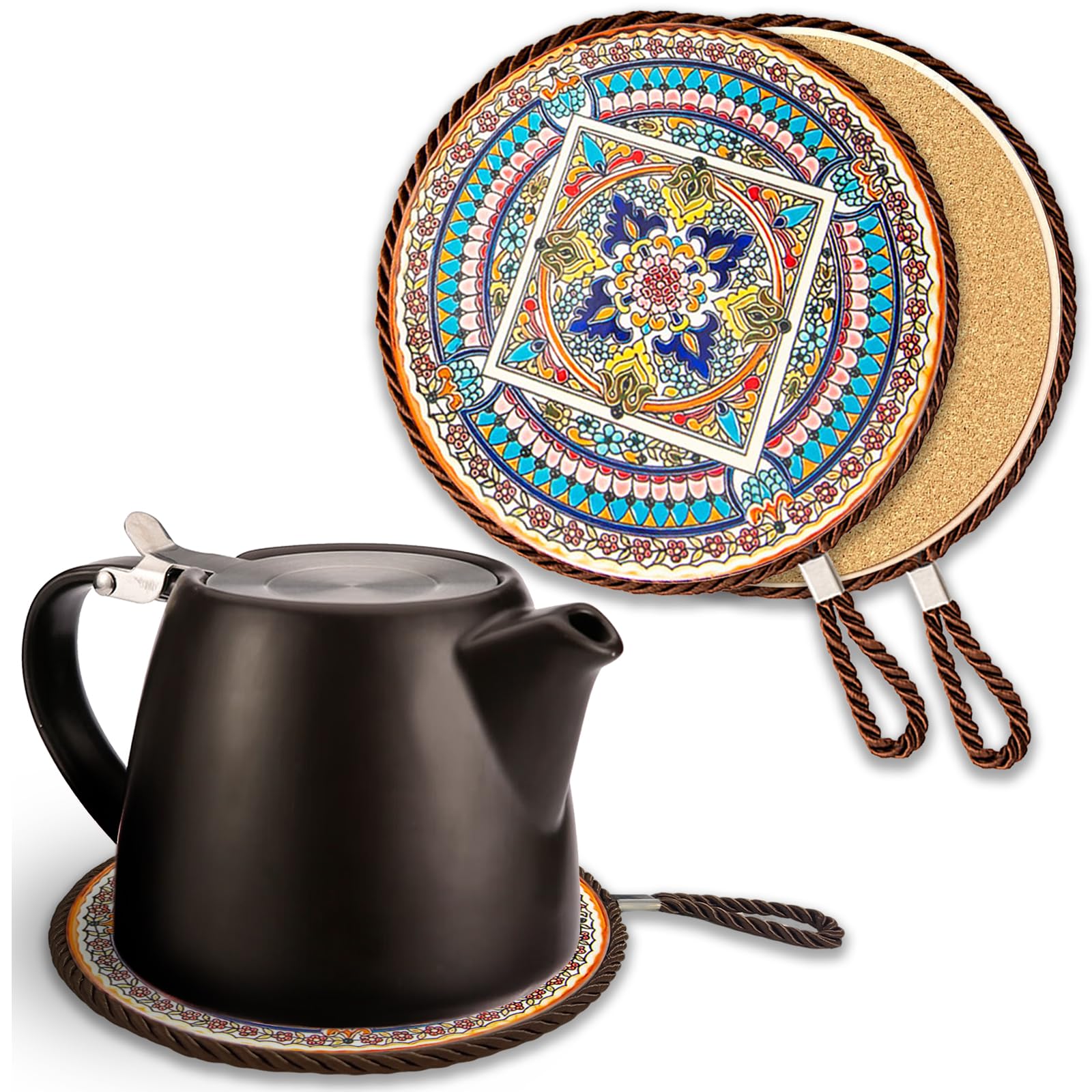 17 cm Ceramic & Cork Heat-Resistant Trivet – Decorative Teapot Mat & Large Hot Drink Coaster