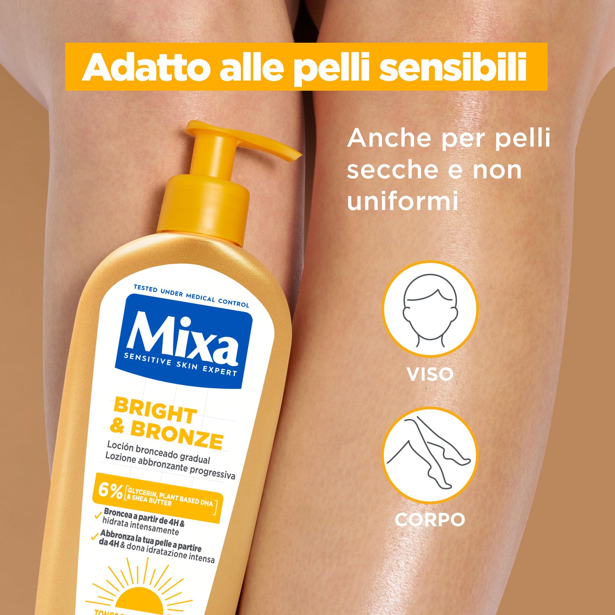 Mixa Lozione Abbronzante, Per Viso e Corpo, Per Carnagioni Chiare e Medie, Abbronzatura Progressiva e Naturale, Pelle Idratata e Luminosa, Con Glicerina e DHA Vegetale, Bright and Bronze, 250 ml