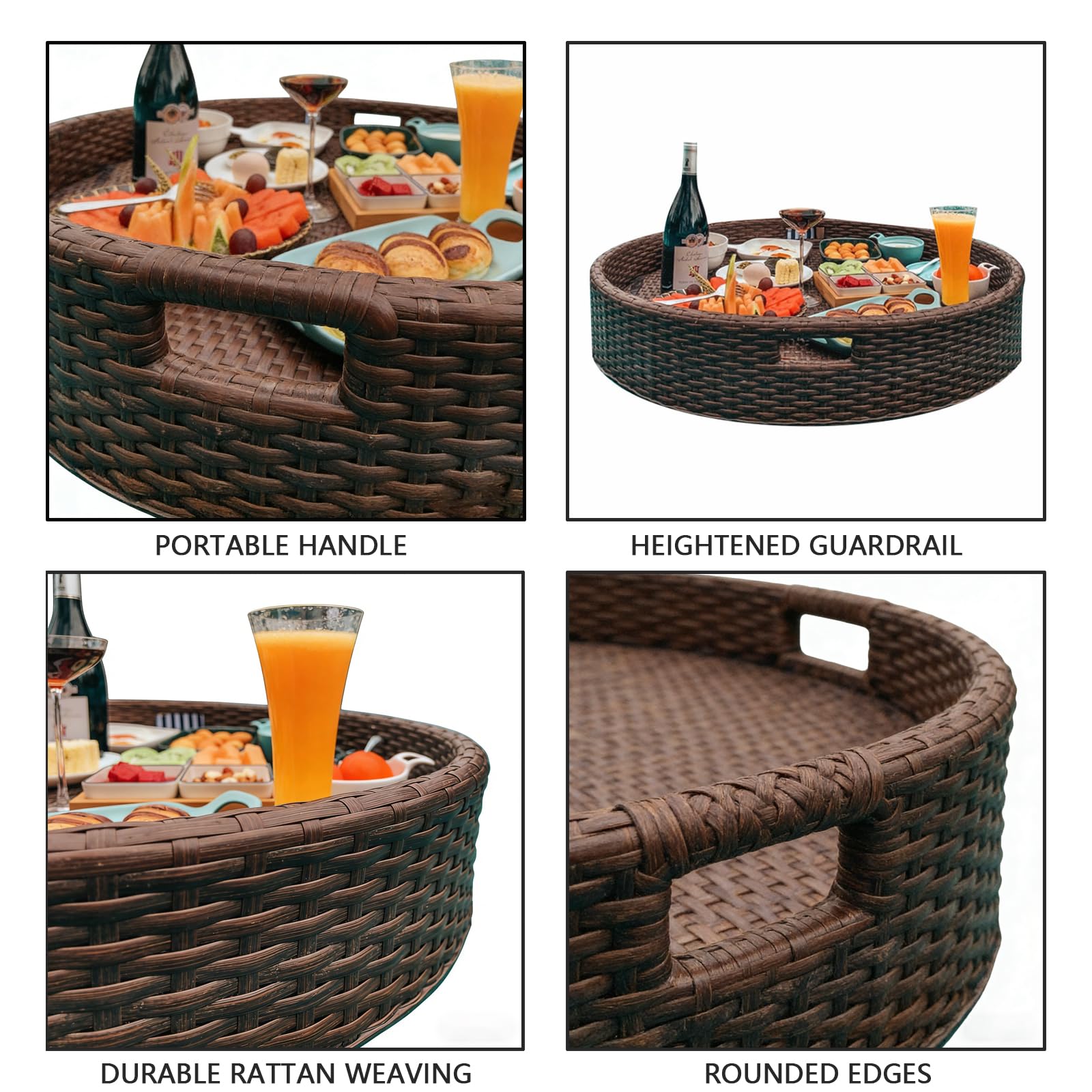 Vassoio galleggiante per piscina, tavolo da biliardo galleggiante in rattan, vassoio multifunzionale per servire cibo per piscine termali e feste estive in piscina, caffè, marrone a forma di cuore, 80