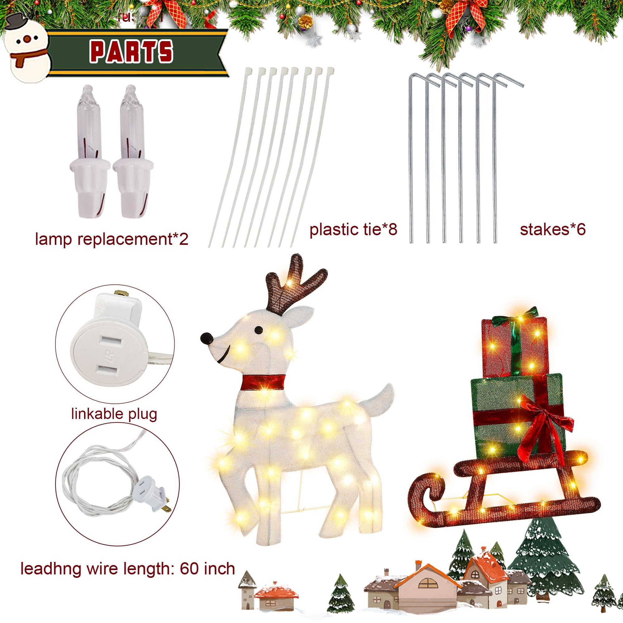 Joliyoou Décoration de cour de Noël, renne pré-éclairé et traîneau cadeau avec 50 lumières blanches chaudes, affichage de vacances éclairé 2D pour porte d'entrée de Noël, décoration intérieure et