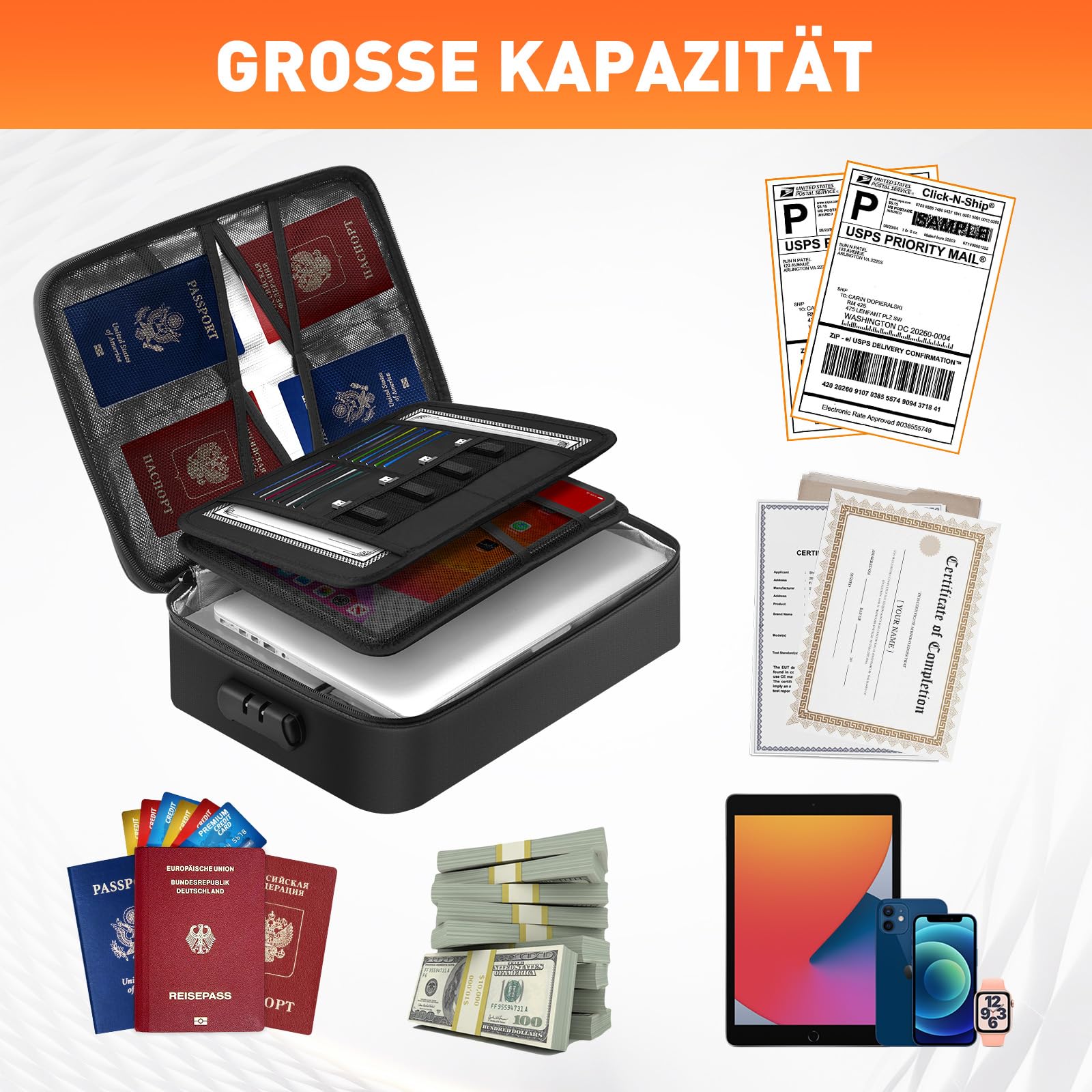 kanhiro Feuerfeste Dokumentenbox 2000℉– Wärmeisolierte Dokumententasche mit Schloss, Tragbarer Akten-Organizer für wichtige Dokumente, Zertifikate, Zuhause & Büro