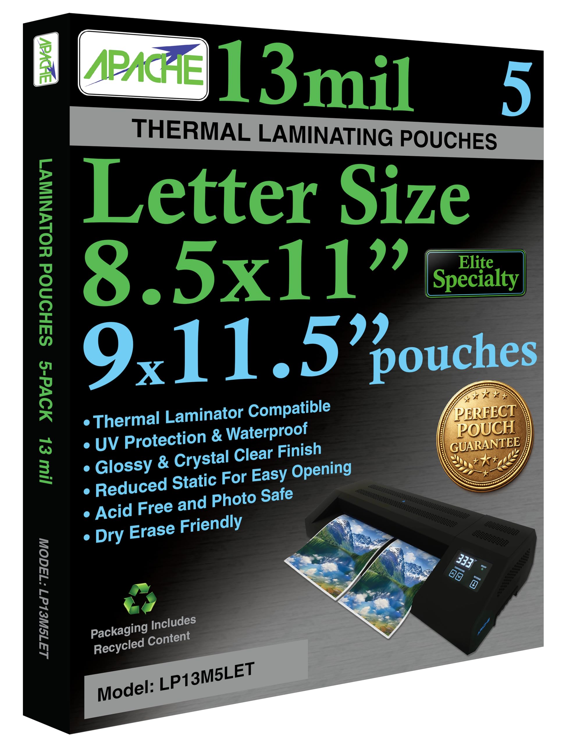 Apache Letter Size Laminating Pouches, 13 Mil, 5 Pack, 9x11.5"
