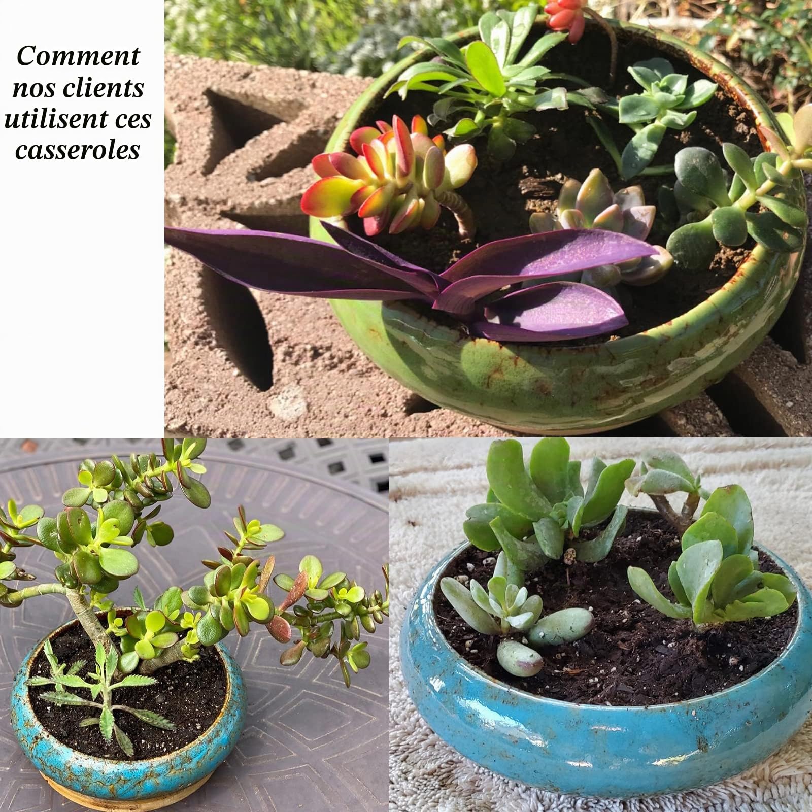 ARTKETTY Lot de 2 Grands Pots de Plantes succulentes avec Drainage, Pots de bonsaï Peu Profonds avec Plateaux, récipient en céramique pour Plantes de Cactus d'intérieur et d'extérieur