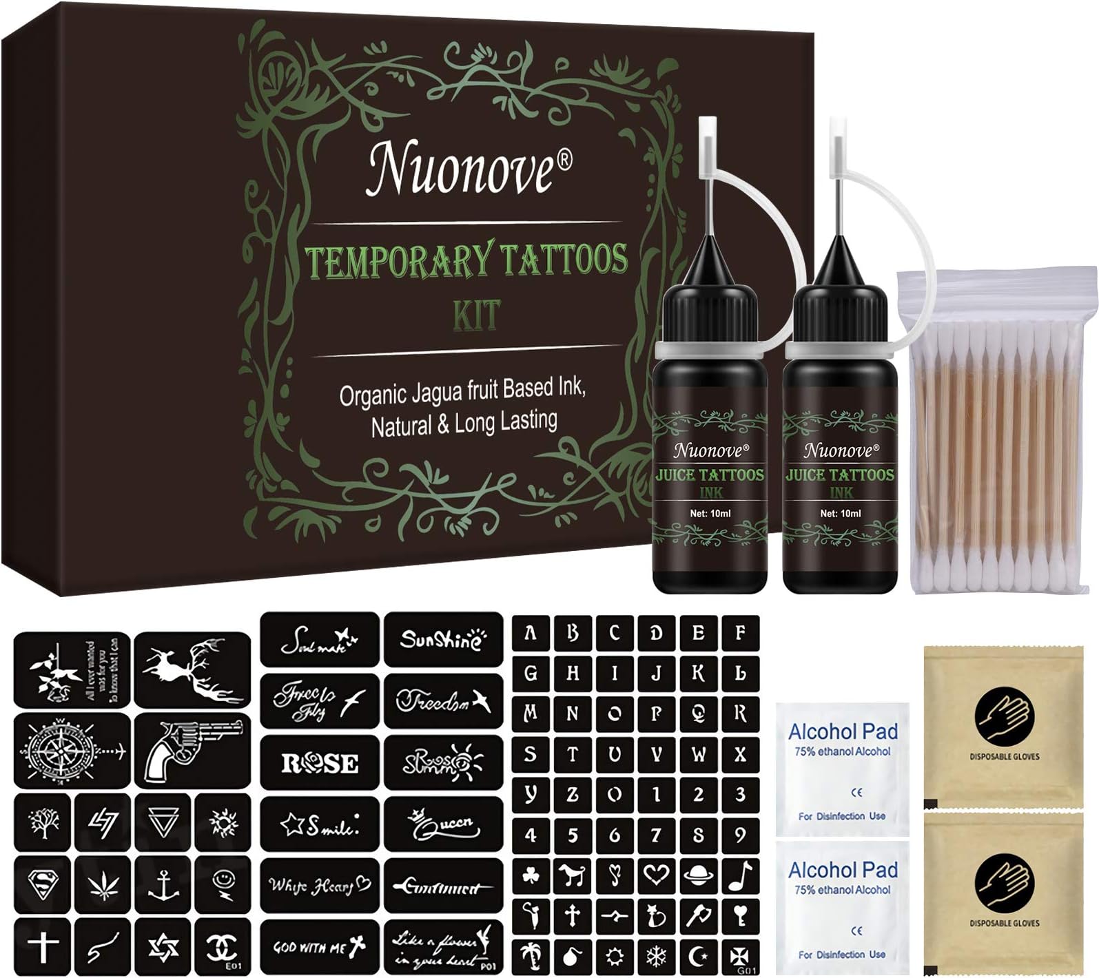 Tattoo Ink, Tattoo kit, Temporary Tattoo Ink, Temporary Tattoo Kit, Ink Tattoo Kit Organic Jagua fruit Based Ink, Natural & Long Lasting with Special Design Tattoo Stencils 10 ml X 2