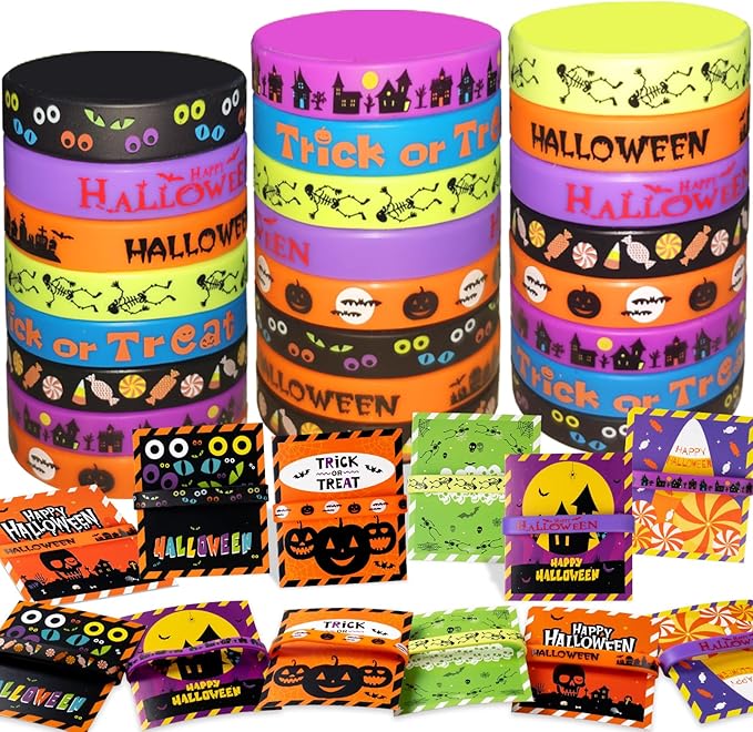 GuassLee Kids Halloween Party Favors 40pcs Rubber Bracelets Silicone Wristbands Cards